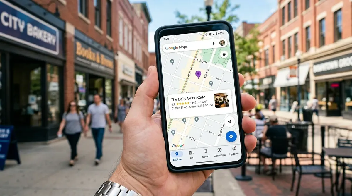 Teléfono en la mano mostrando un negocio en Google Maps en una calle concurrida