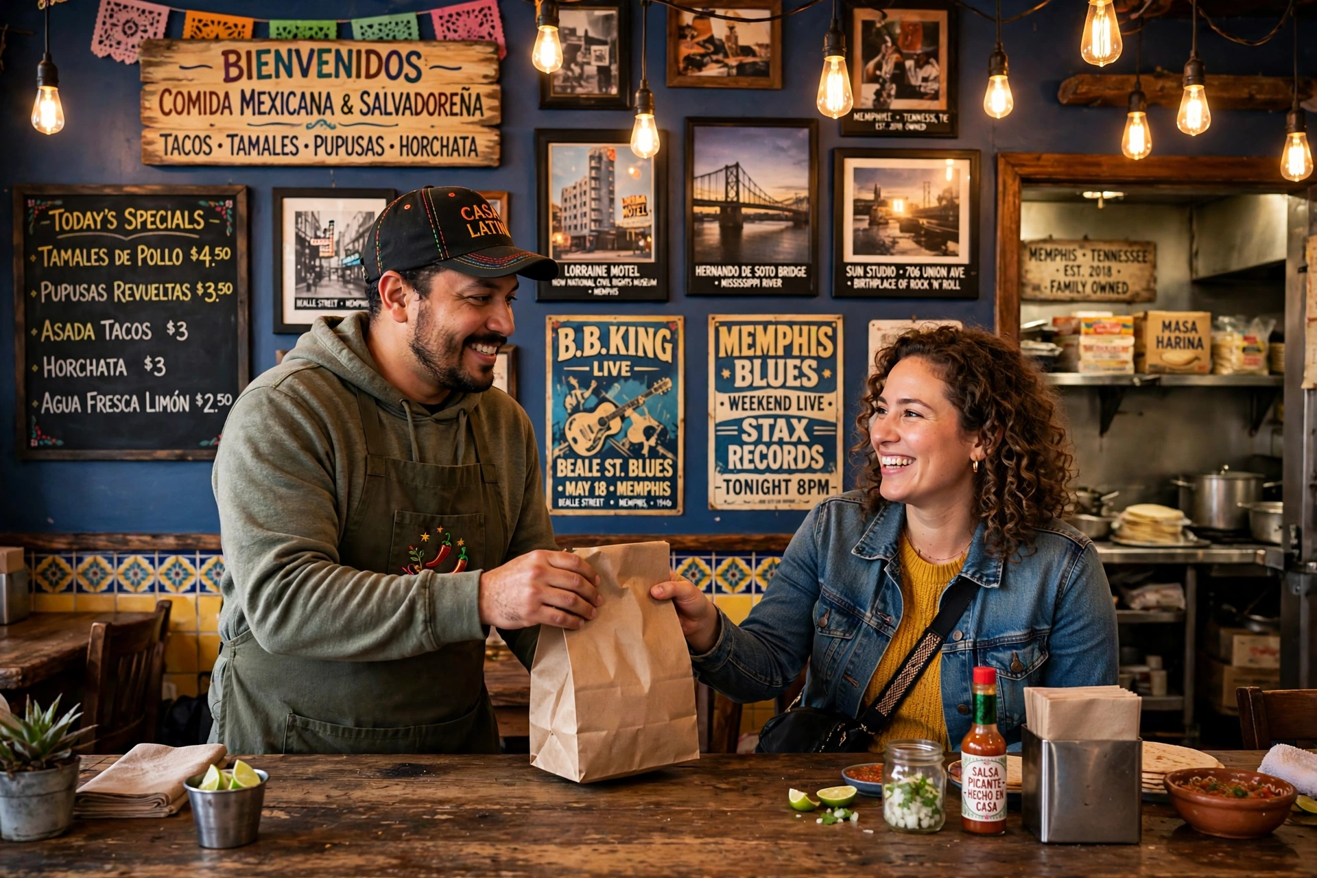 Dueño de restaurante atendiendo a una clienta contenta