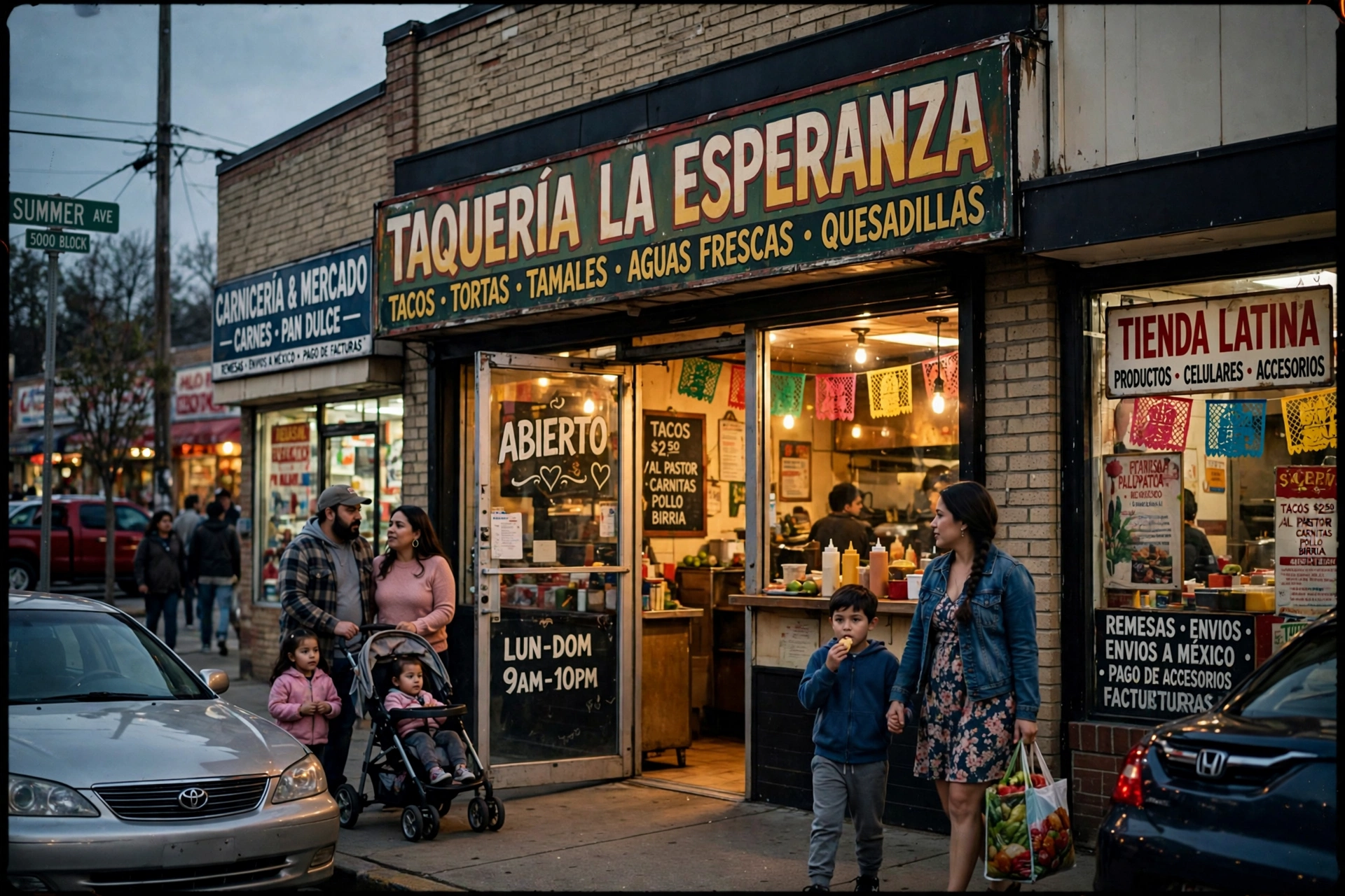Taquería latina en Memphis con la puerta abierta