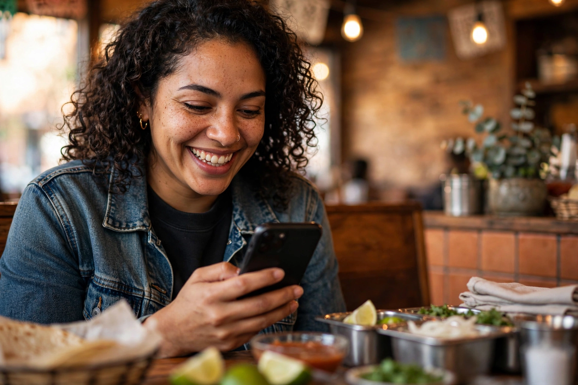 Clienta feliz revisando su teléfono en una taquería