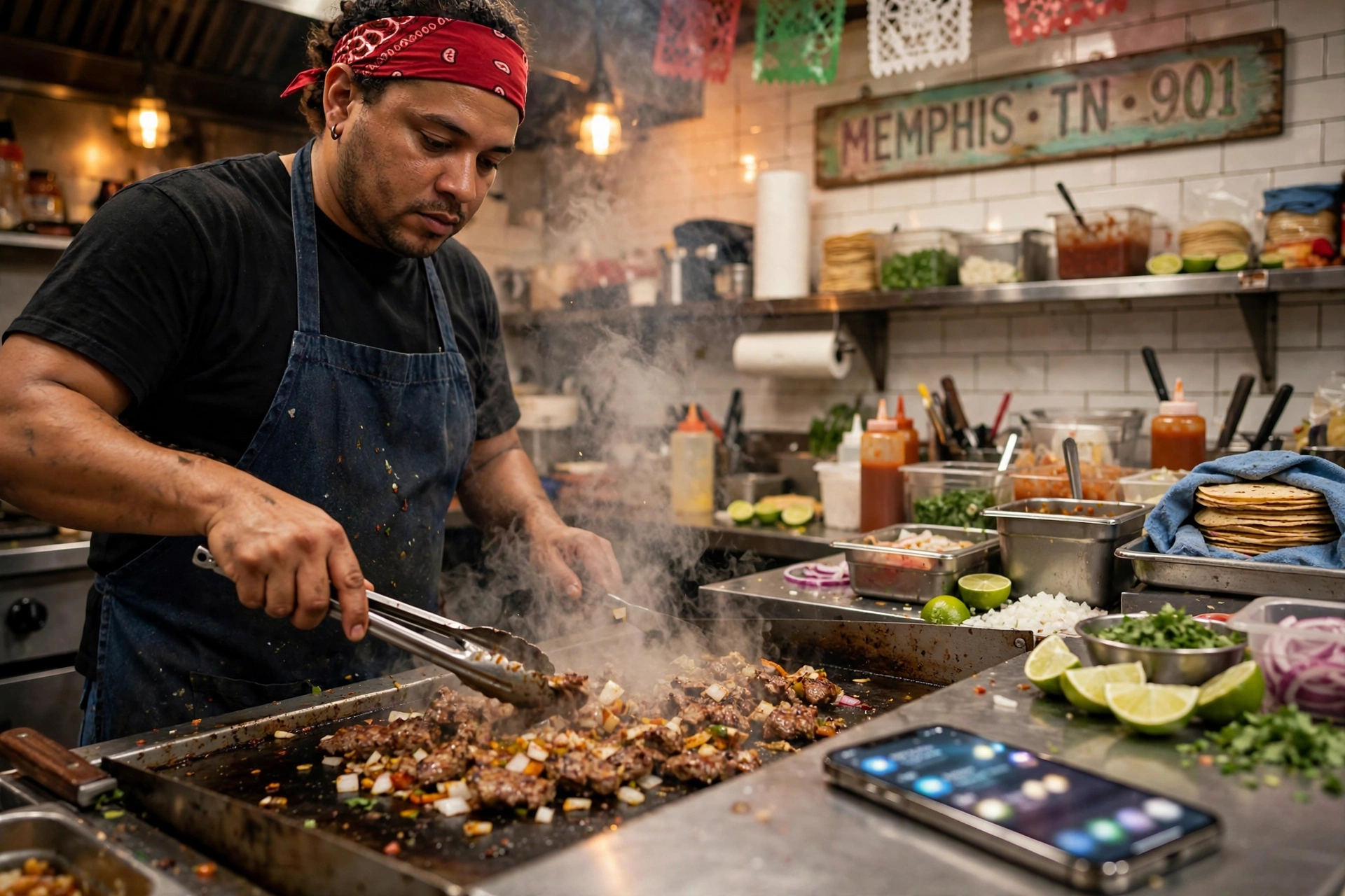 Taquero ocupado en la cocina mientras su teléfono recibe mensajes