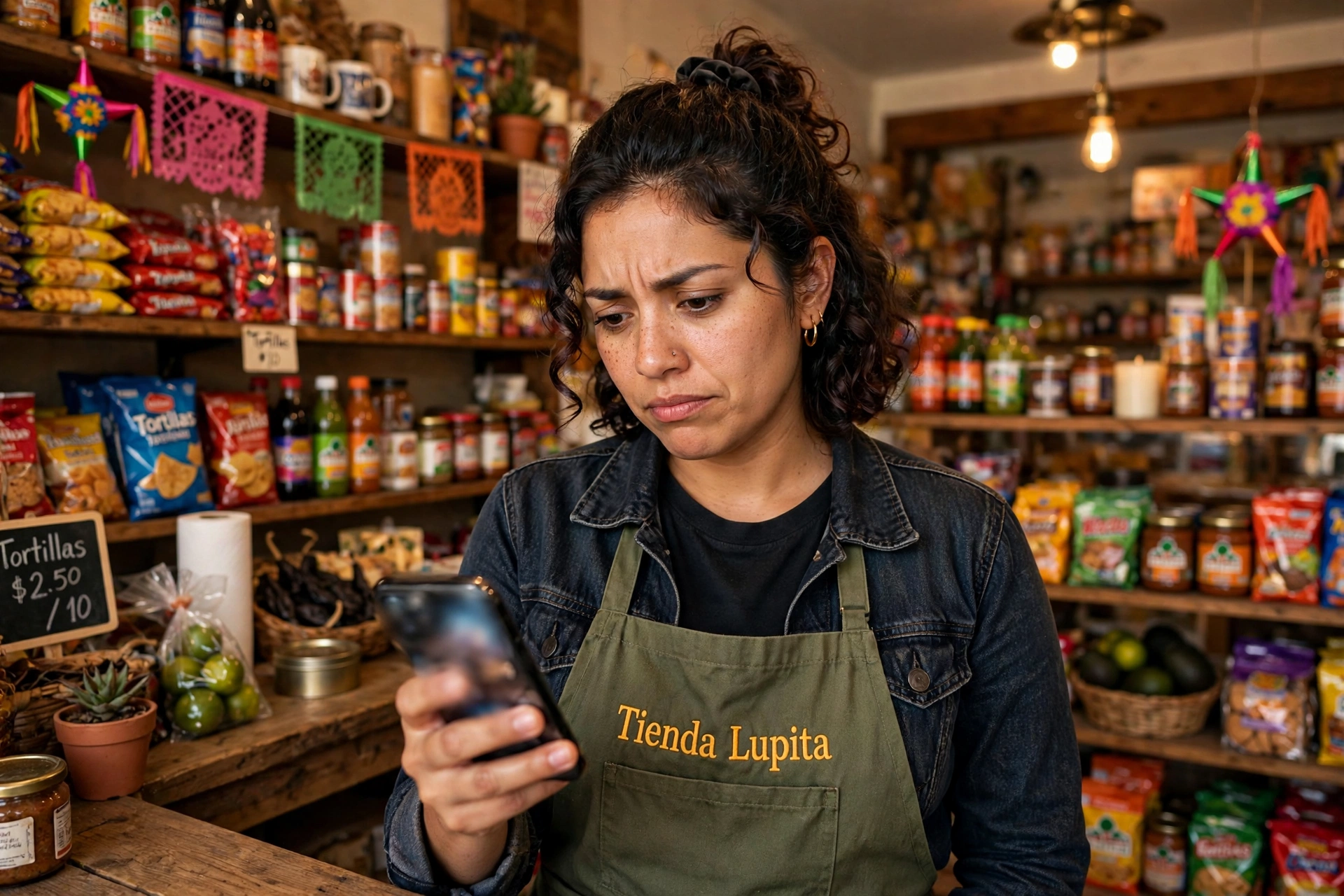Dueña de tienda revisando su teléfono con expresión pensativa