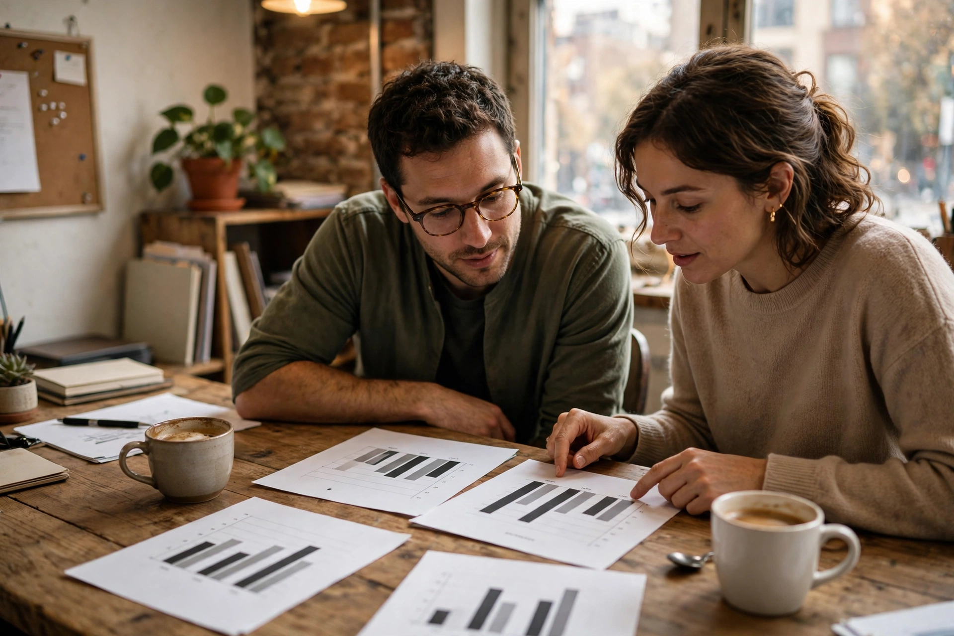 Dos personas revisando reportes con gráficas simples en una mesa de oficina