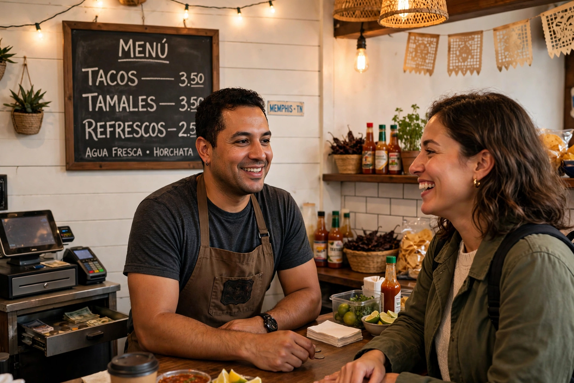 Dueño de taquería atendiendo con amabilidad a una clienta en su negocio
