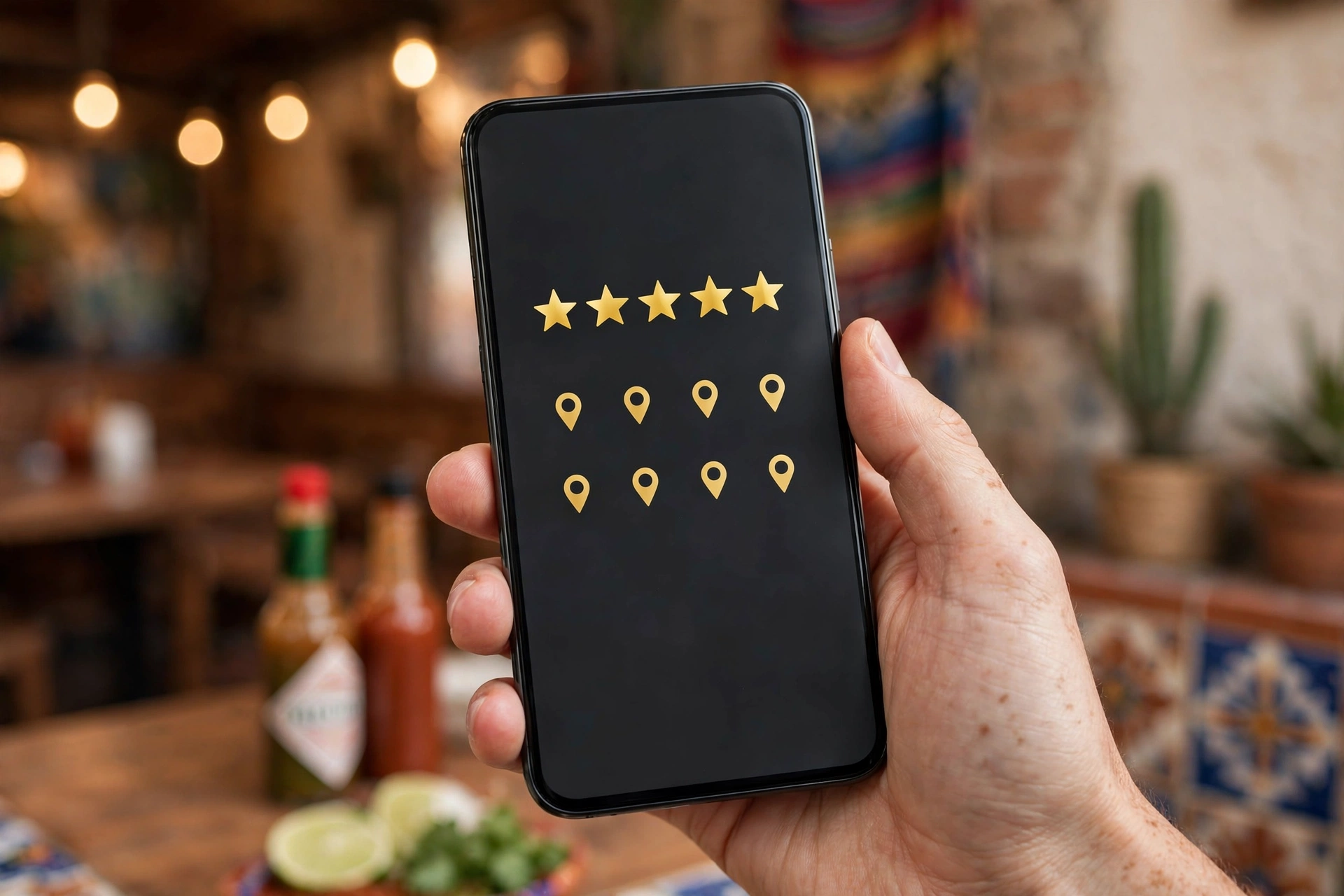 Teléfono mostrando 5 estrellas de reseña de Google