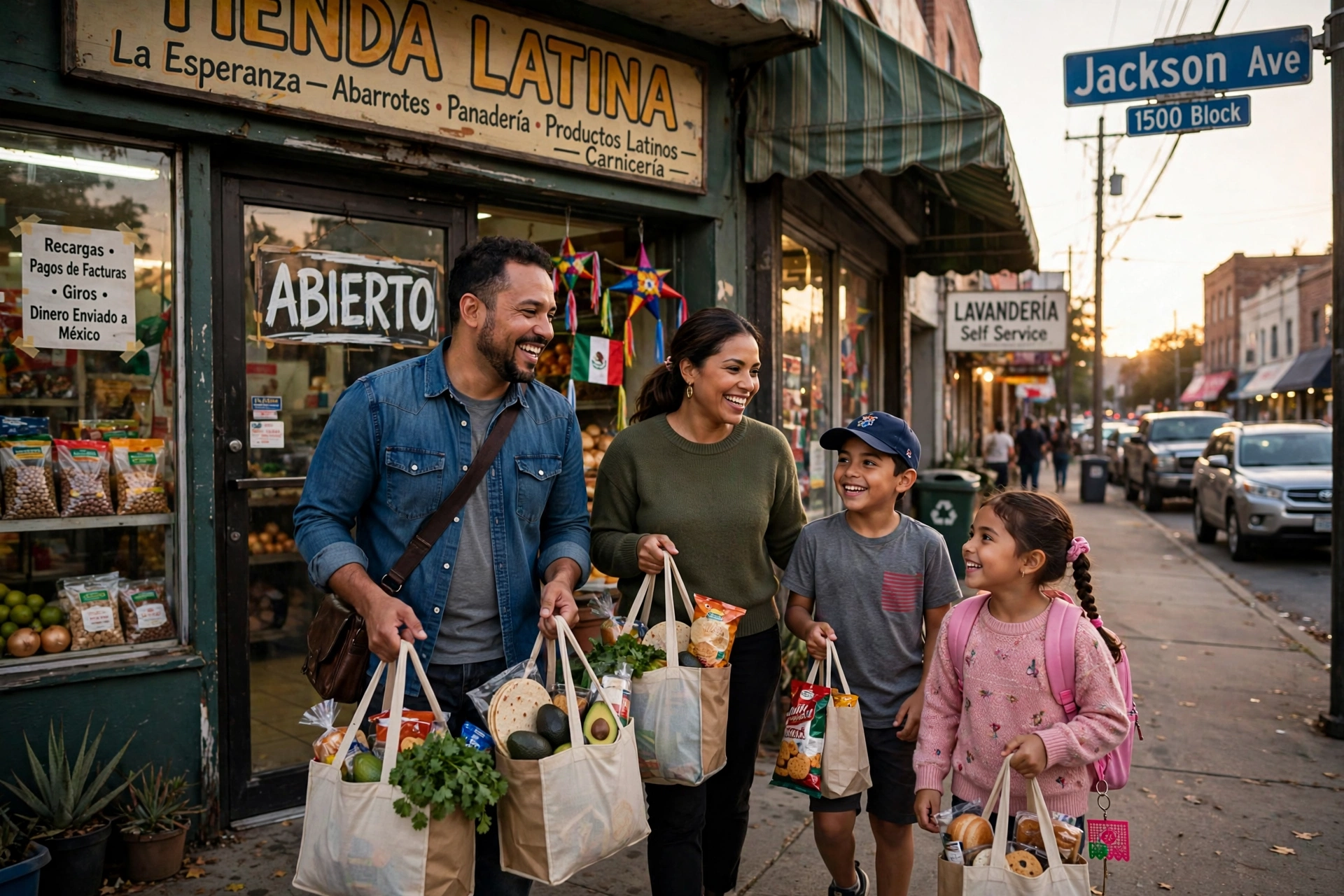 Familia latina saliendo contenta de una tienda en Jackson Avenue