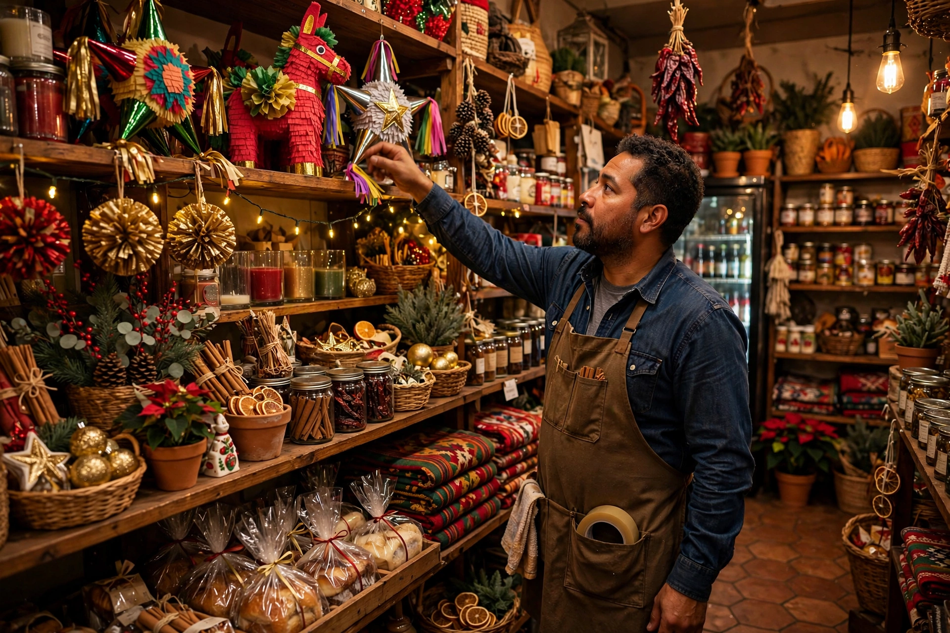Dueño acomodando productos de temporada en los anaqueles