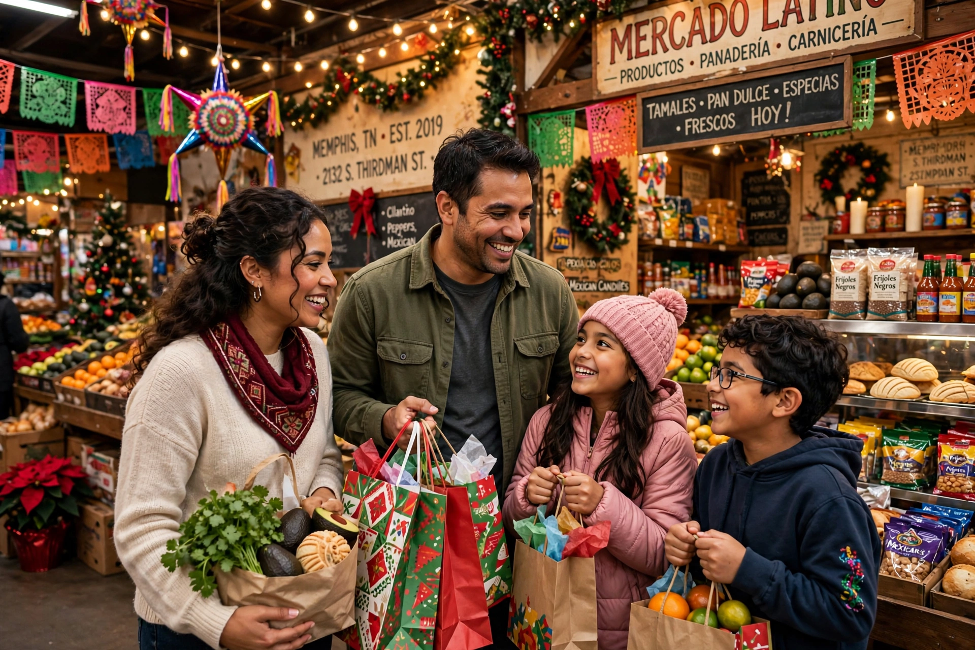 Familia latina comprando en un mercado decorado para las fiestas
