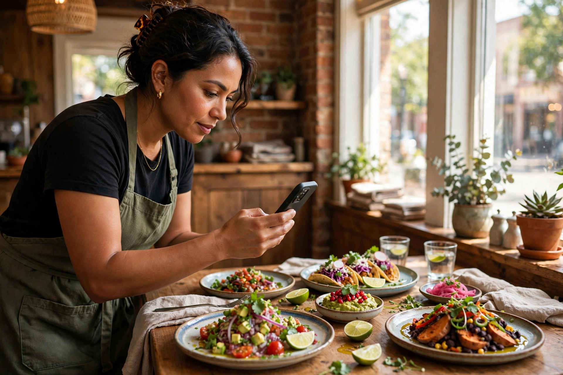 Dueña de restaurante tomando fotos de sus platillos con su teléfono