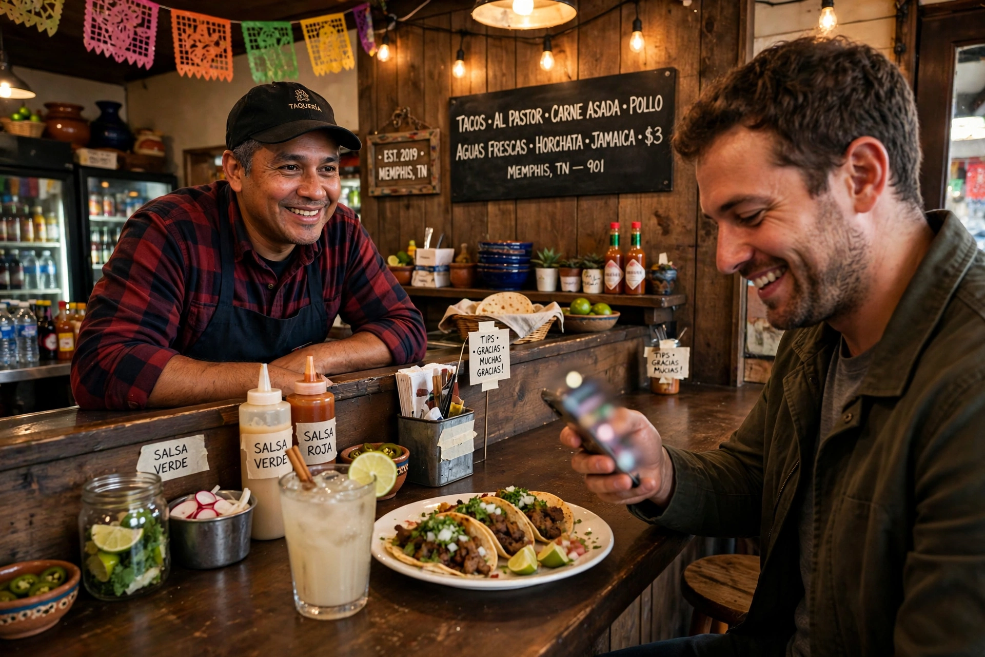 Cliente pidiendo comida desde su teléfono en una taquería
