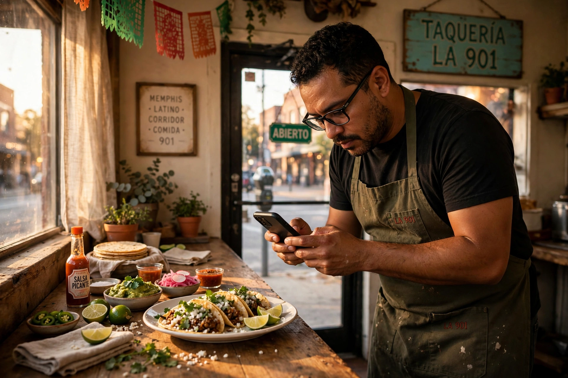 Dueño de taquería tomando fotos de tacos para su catálogo de WhatsApp