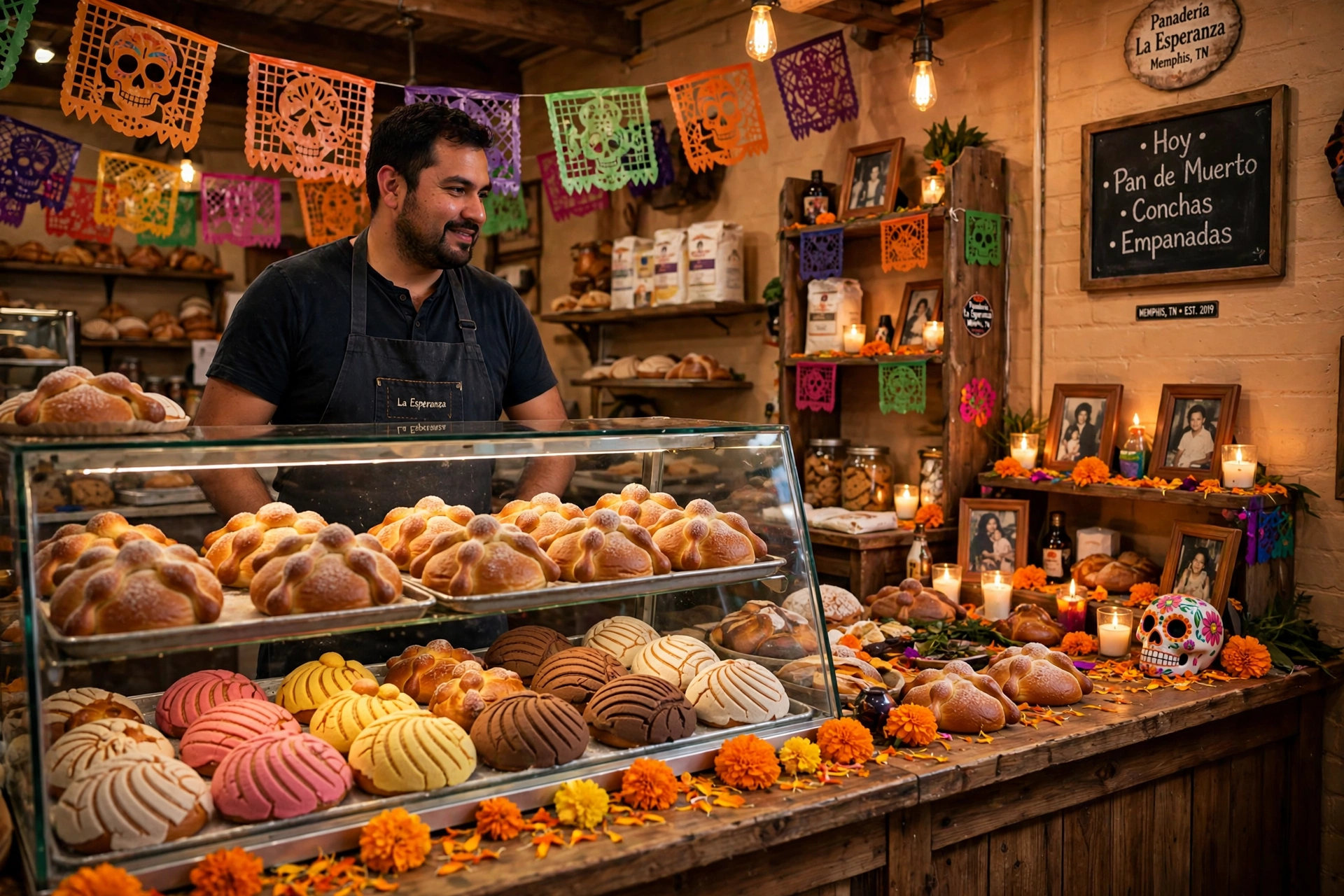 Vitrina de una panadería latina en Memphis con pan de muerto y conchas, decorada para la temporada