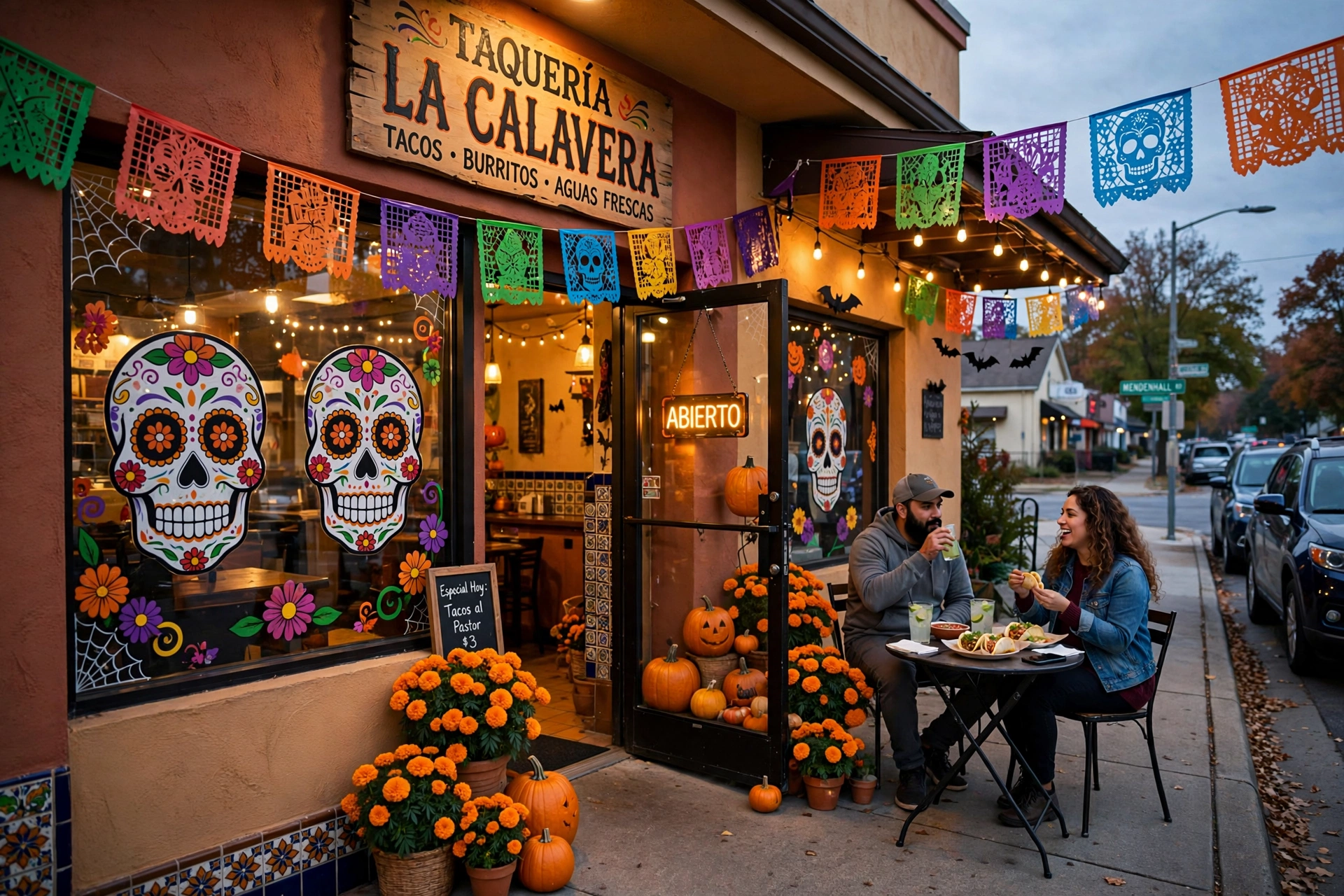 Taquería latina en Memphis decorada para Halloween y Día de Muertos, con calaveras de azúcar pintadas en los ventanales