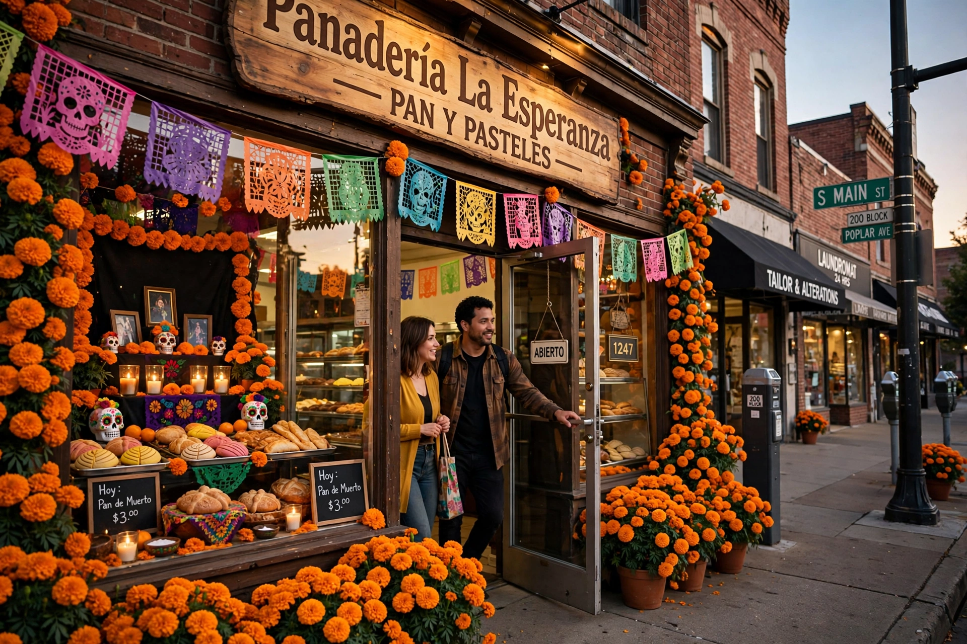 Panadería latina en Memphis decorada para Día de Muertos, con cempasúchil y una ofrenda en la vitrina