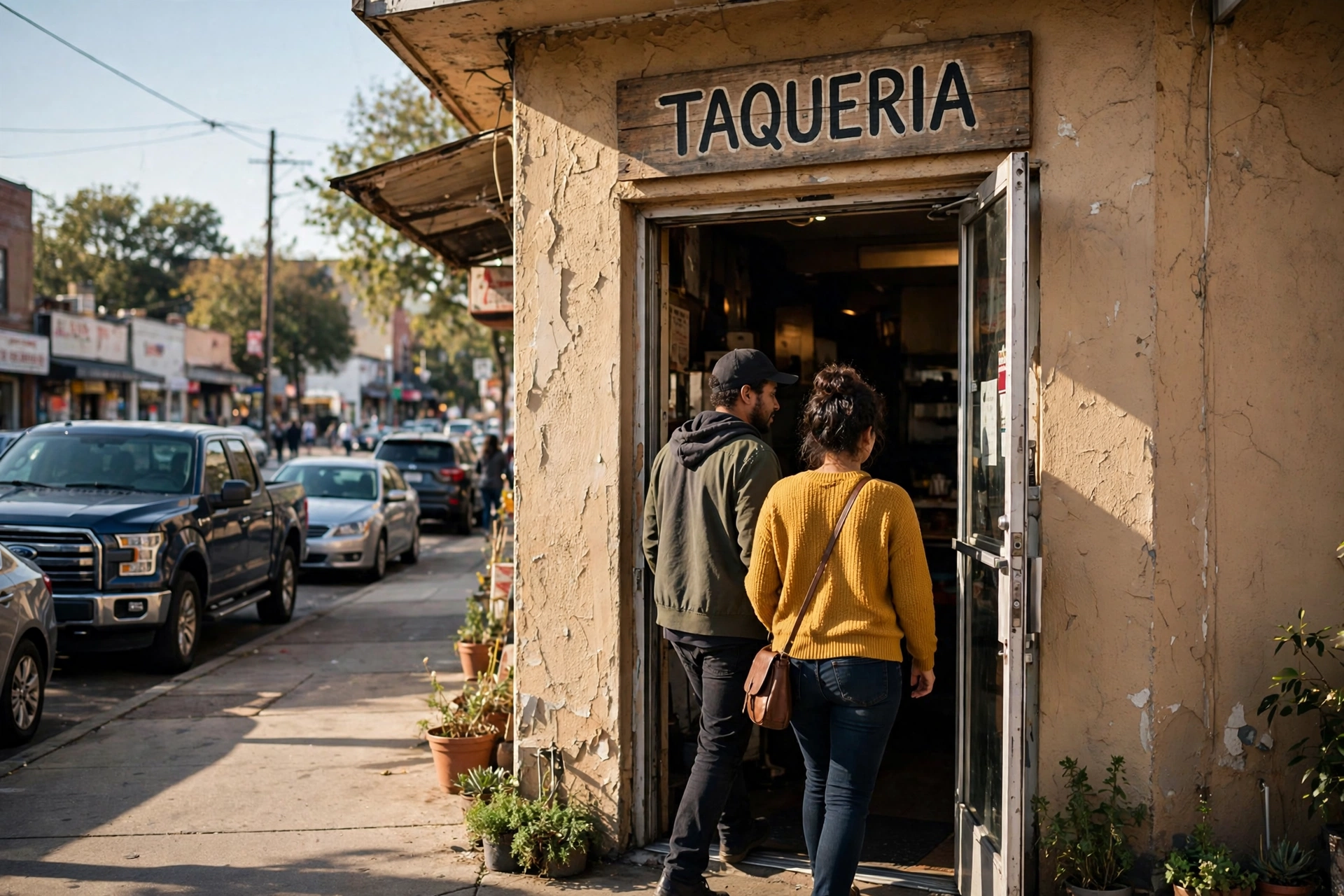 Fachada de taquería latina en Memphis con la puerta abierta