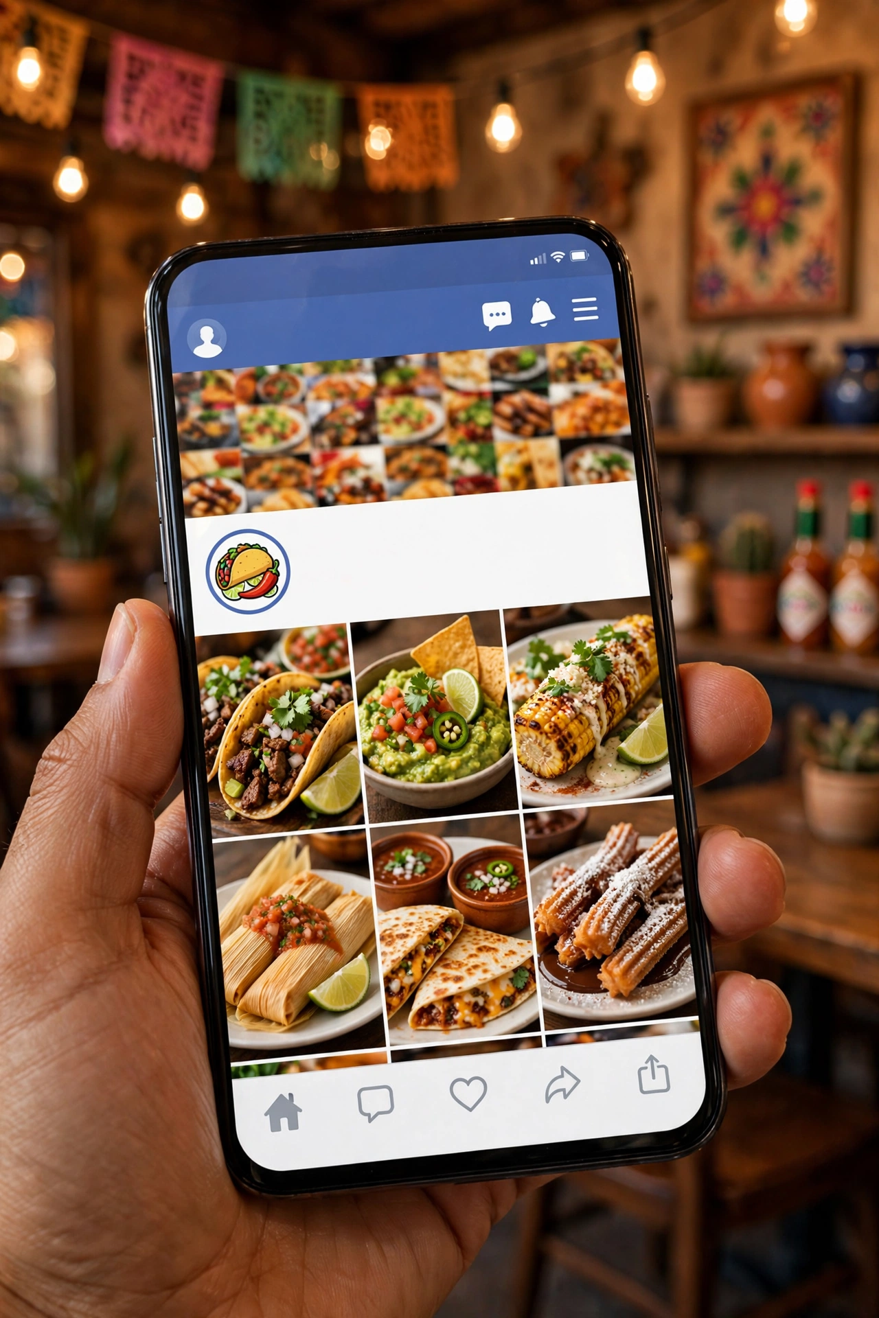Teléfono mostrando la página de Facebook de un negocio local