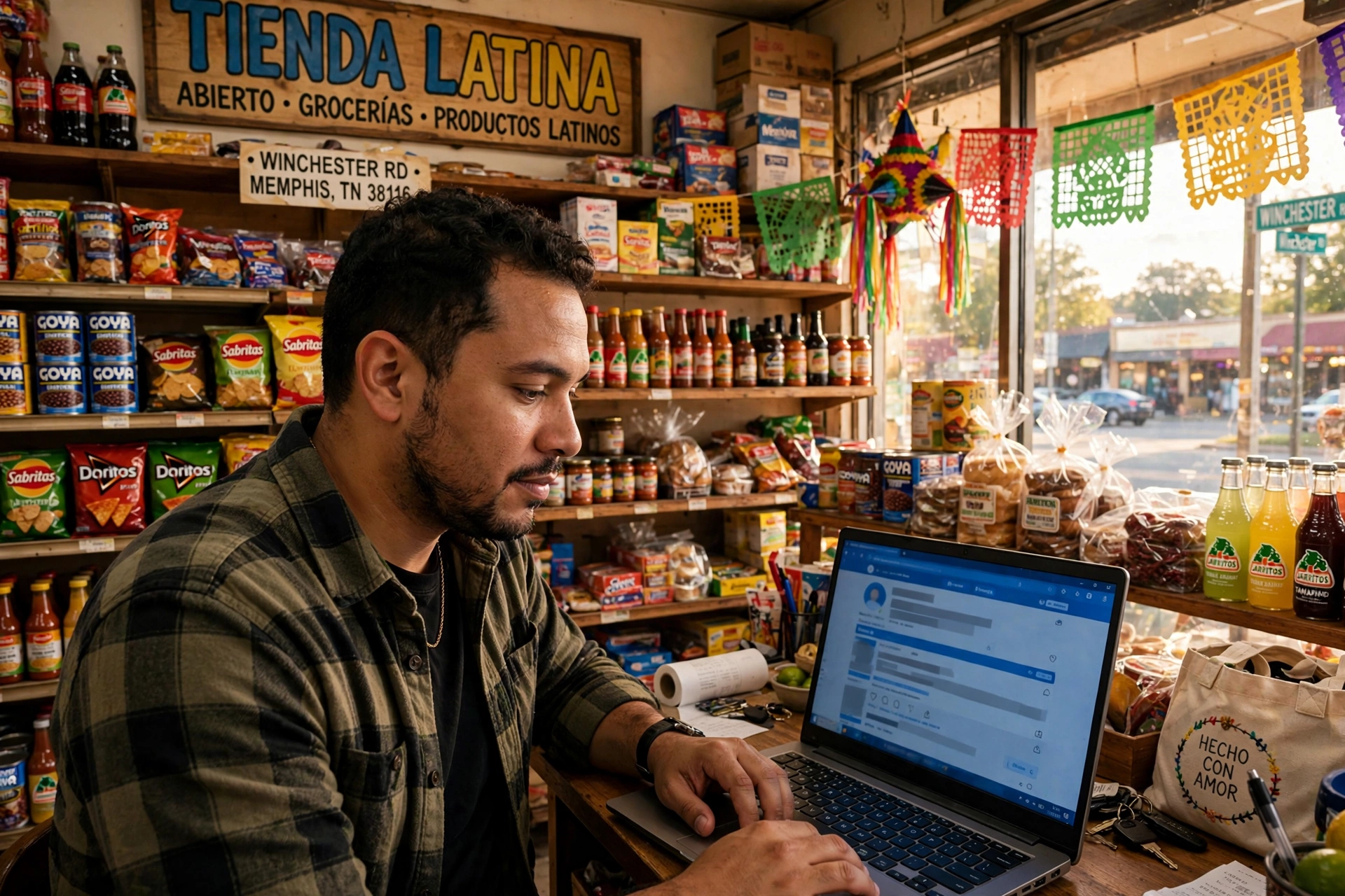 Dueño revisando su página de Facebook en una laptop dentro de su tienda