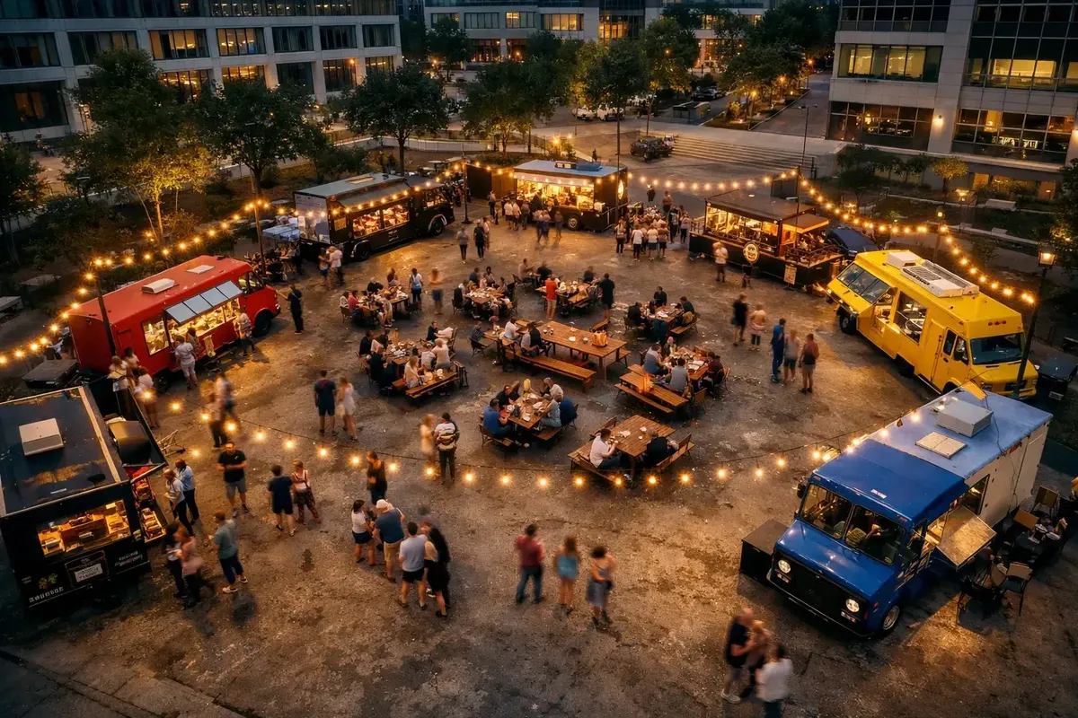 Vista aérea nocturna de un festival de food trucks con luces y gente