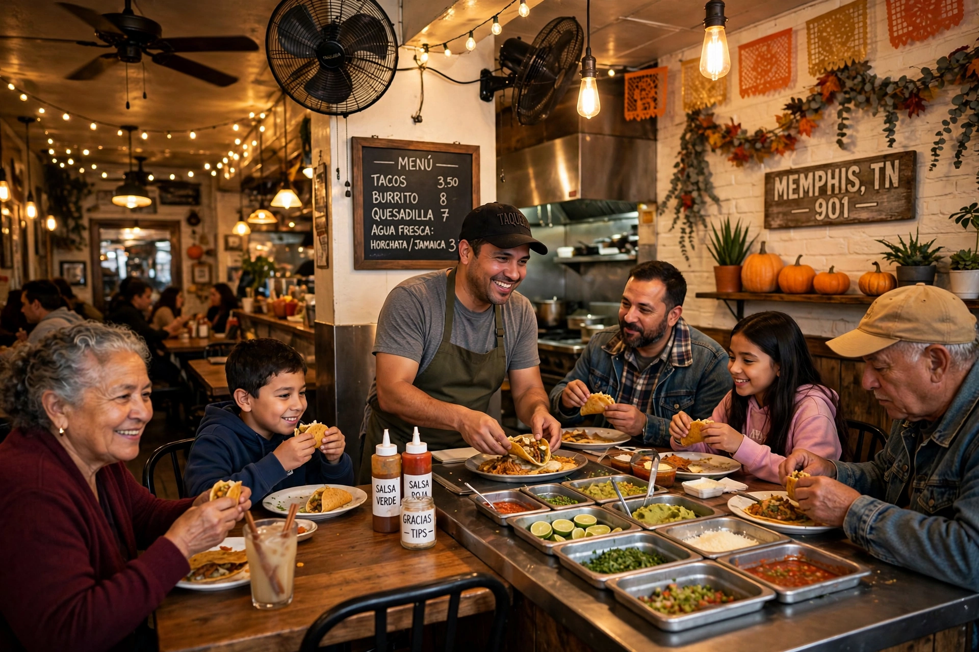 Interior de una taquería latina en Memphis llena de clientes comiendo