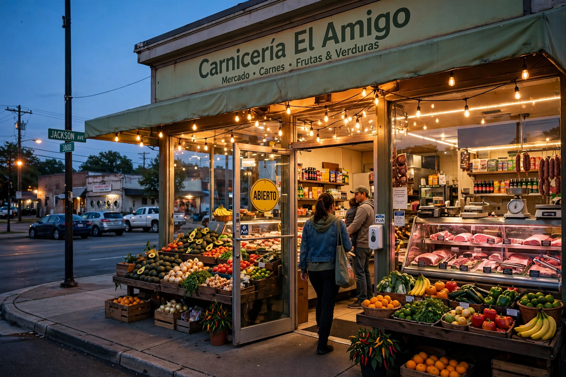 Fachada de una carnicería latina en Memphis al atardecer, abierta y con luz cálida