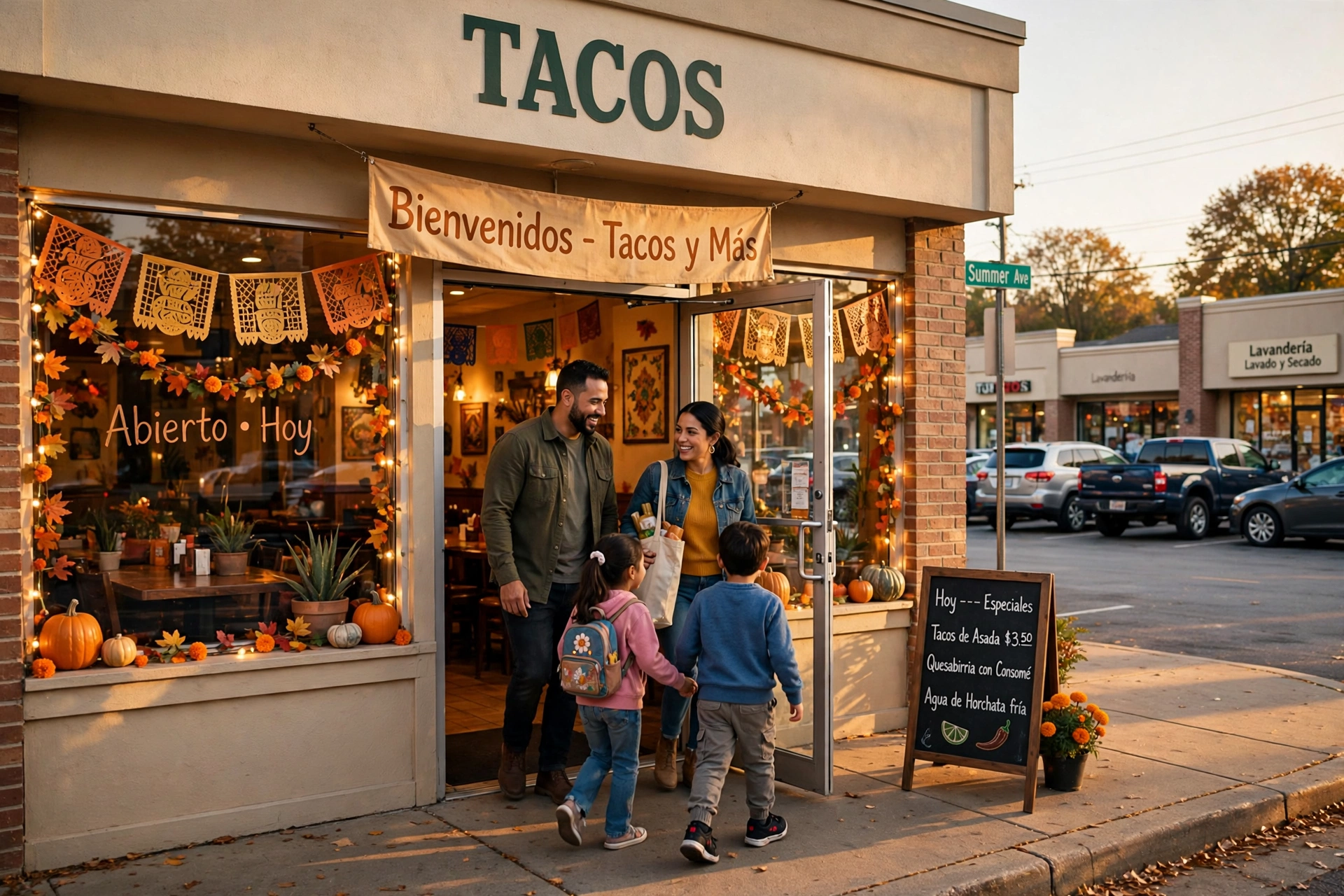 Fachada de una taquería latina en Memphis decorada para octubre, con una familia entrando