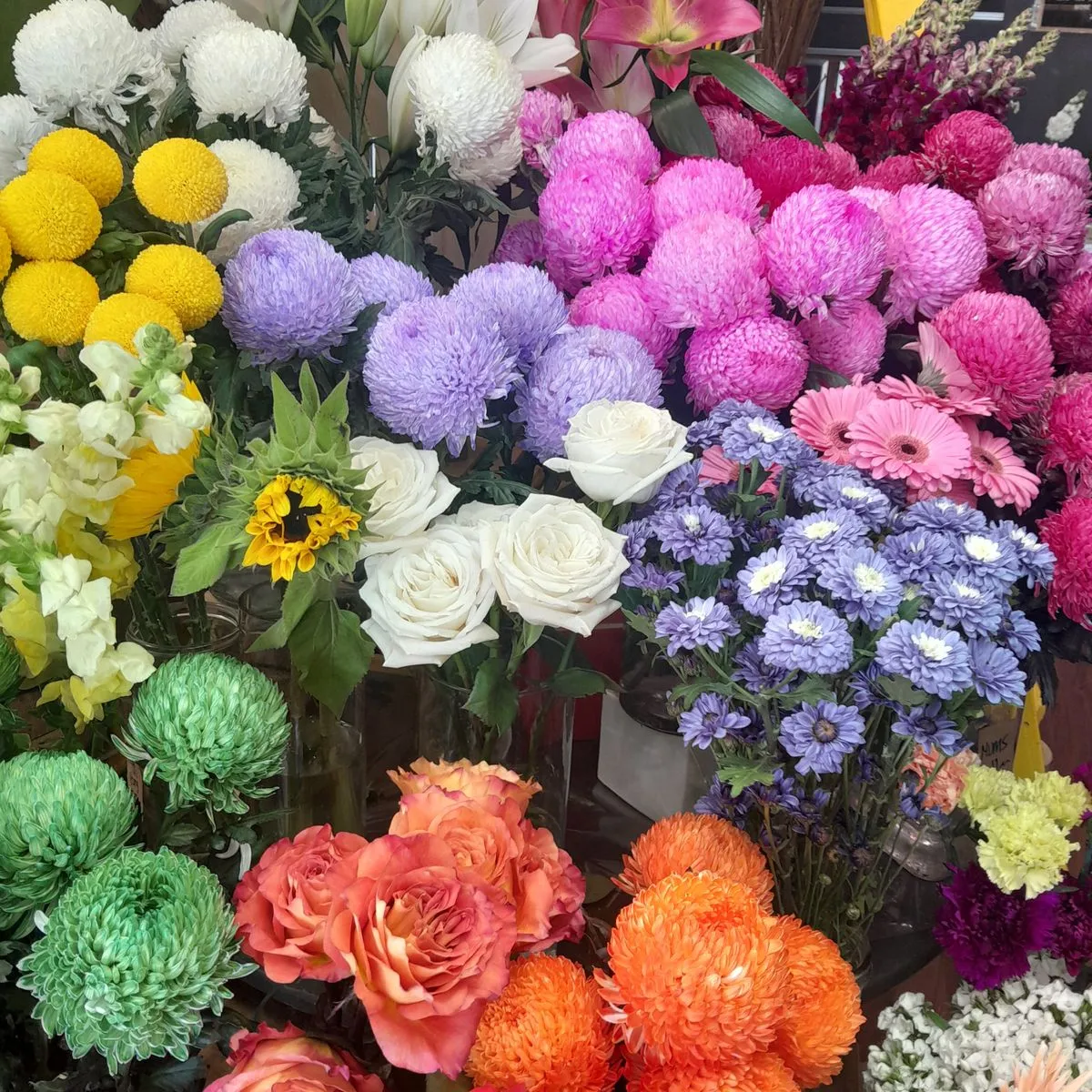 Variedad de flores frescas de colores en la tienda