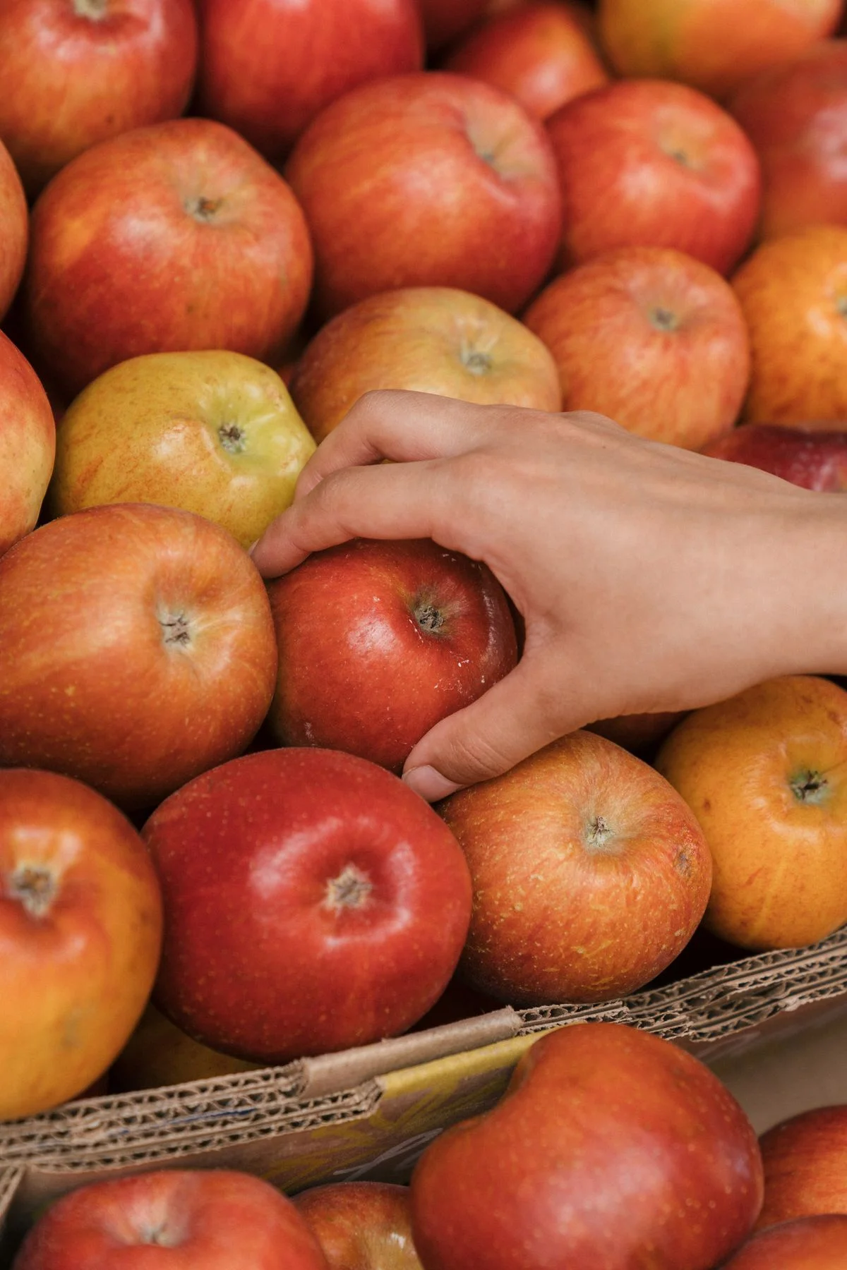 Manos seleccionando fruta fresca en un puesto del mercado