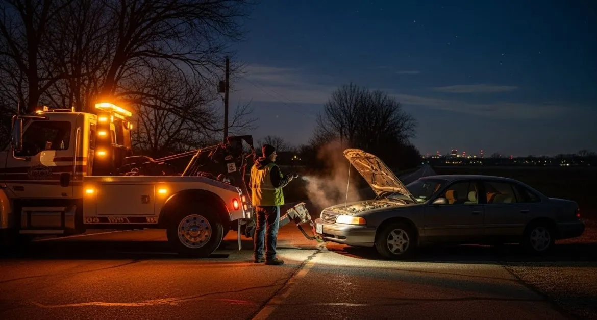 Grúa con luces ámbar auxiliando a un carro varado de noche en la carretera