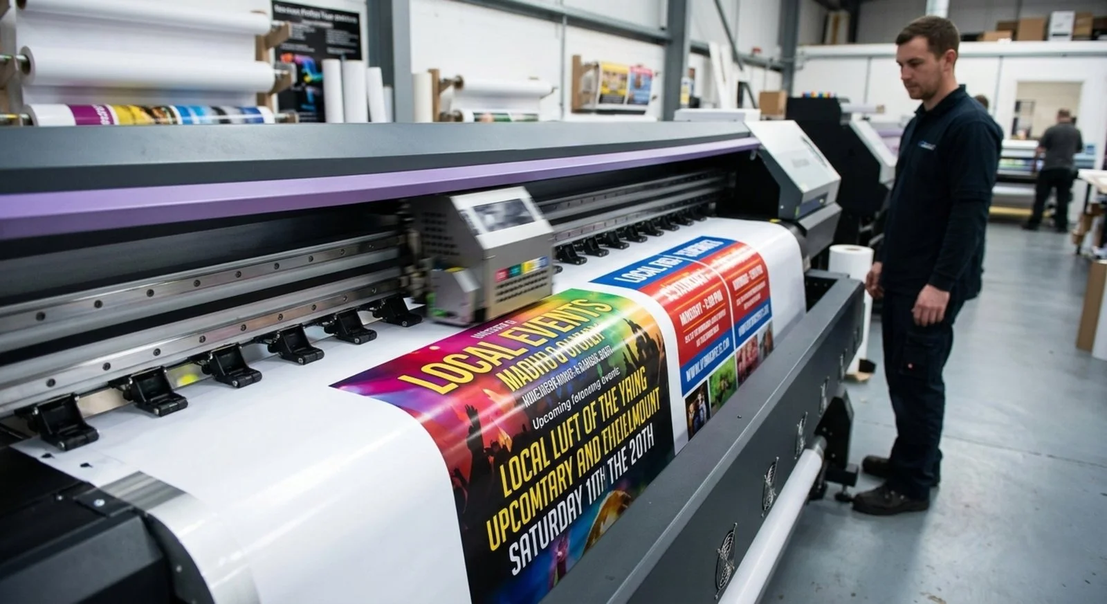 Trabajador de imprenta revisando banners de eventos