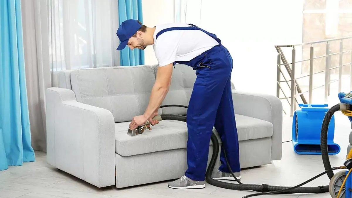 Técnico limpiando un sofá gris con equipo de tapicería