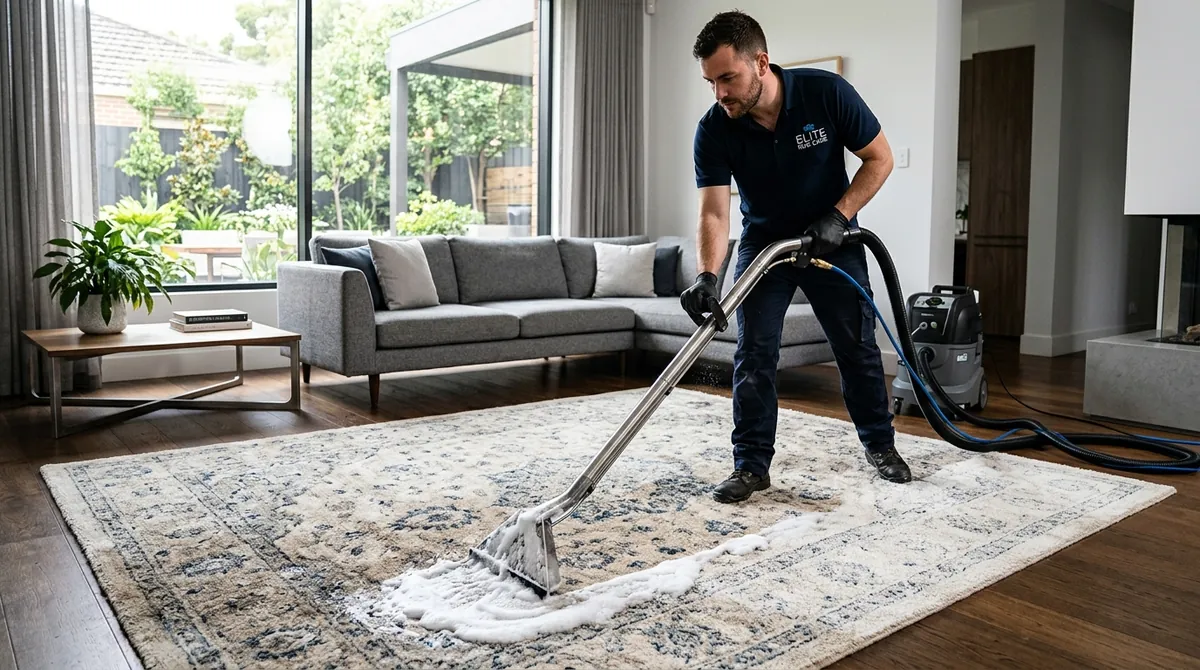 Técnico limpiando una alfombra con equipo de extracción en una sala luminosa