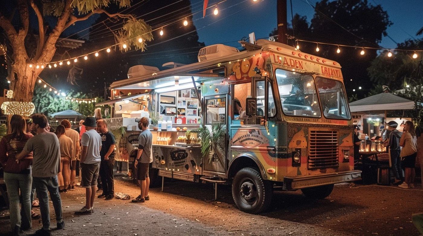 Food truck con luces prendidas atendiendo clientes de noche