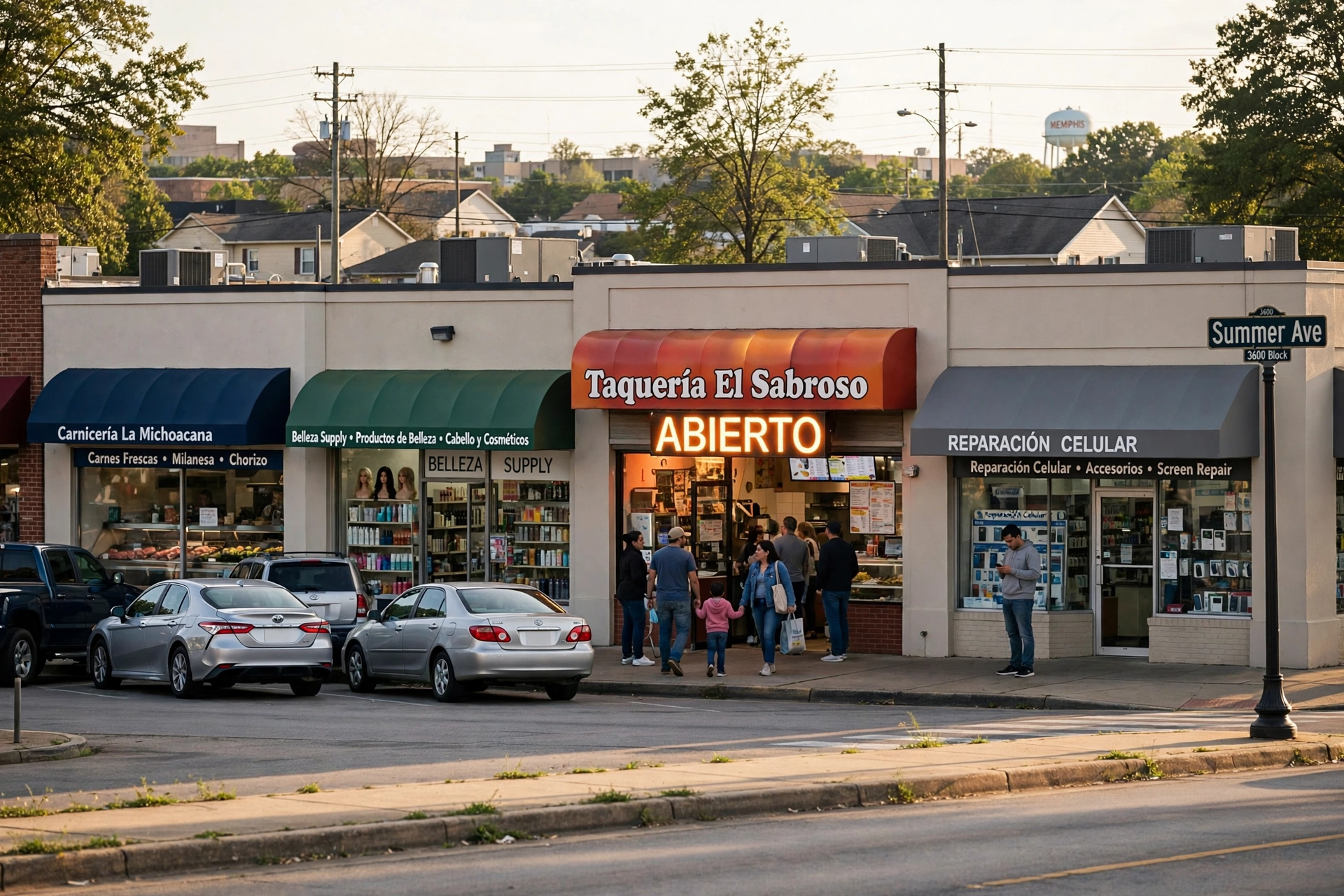 Calle comercial de Memphis con varios negocios latinos; una taquería abierta y llena de clientes