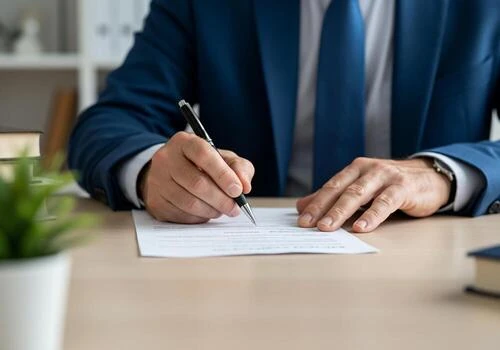 Manos firmando documentos con pluma sobre un escritorio