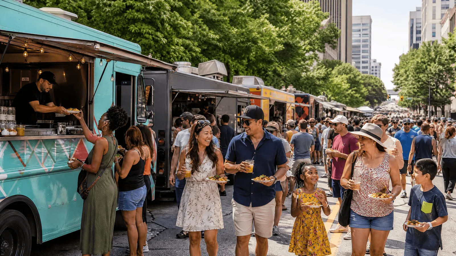 Food truck atendiendo a clientes en un festival con mucha gente