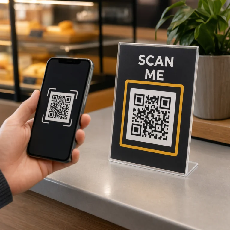 Mostrador de negocio con letrero de código QR