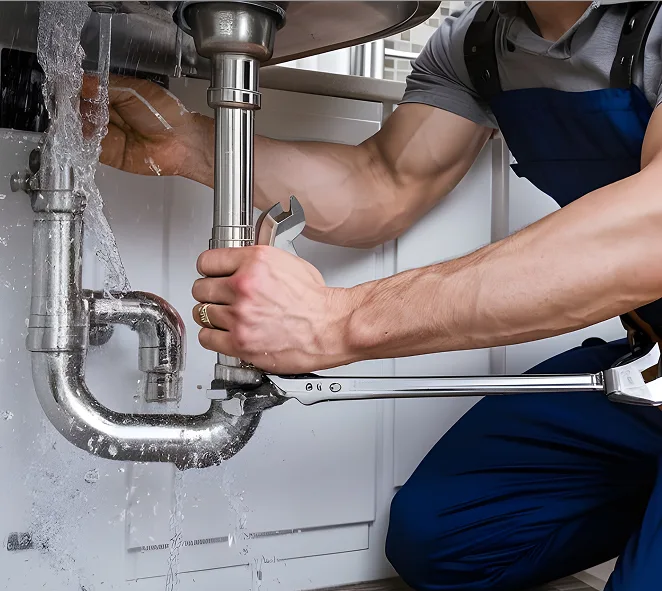 Manos de plomero reparando una tubería bajo el lavabo