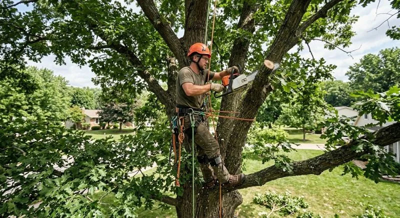 Trabajador podando un árbol alto en un patio de Memphis