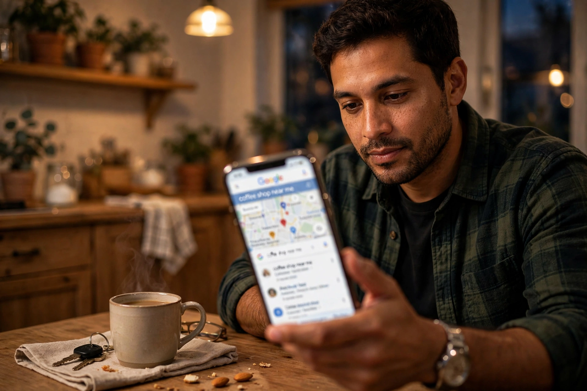 Persona buscando un negocio local en Google desde su casa