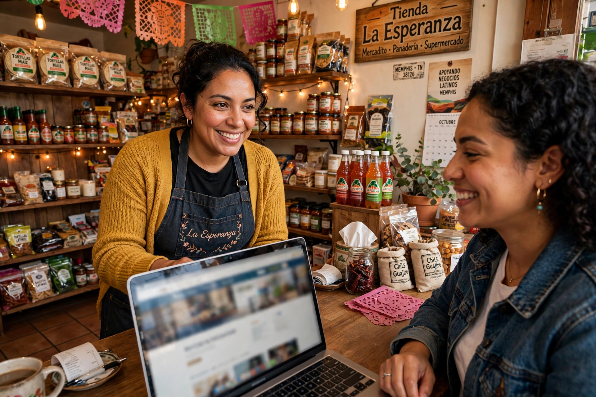 Dueña de tienda mostrando su página web a una clienta en su negocio