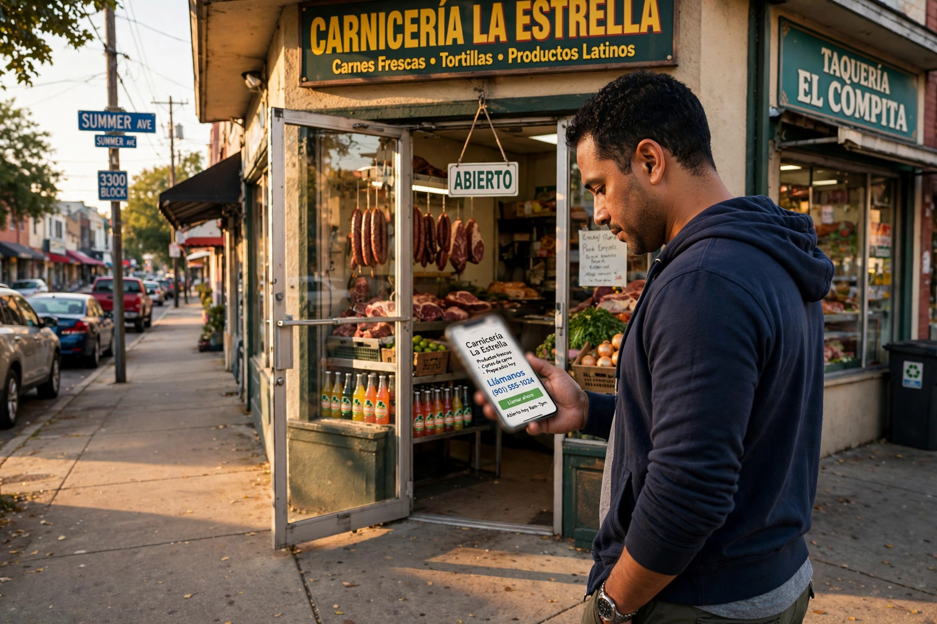 Cliente revisando la página web de un negocio en su teléfono frente a una carnicería en Memphis