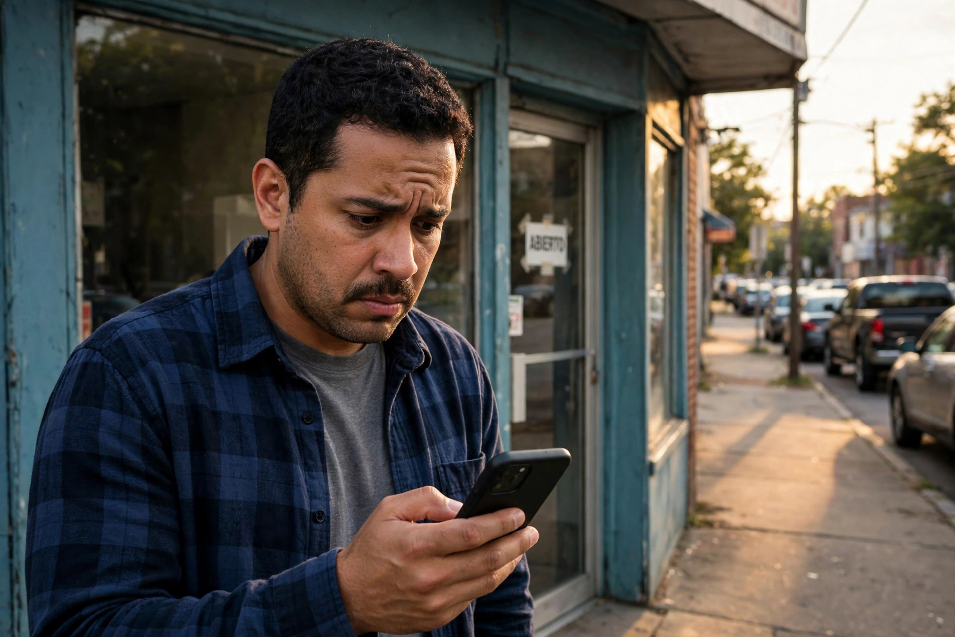 Dueño revisando su teléfono preocupado frente a su tienda