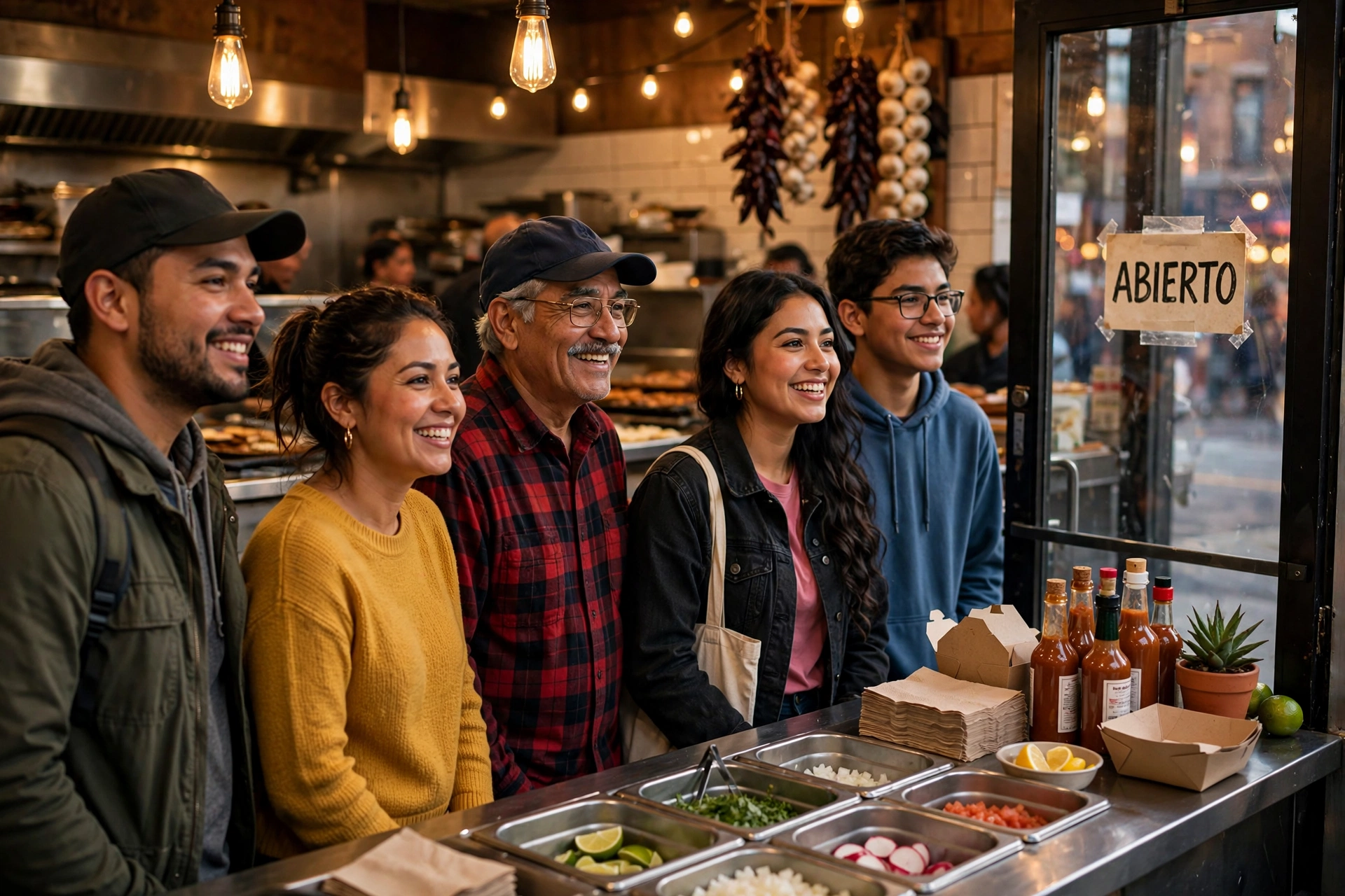Fila de clientes contentos en una taquería durante una promoción