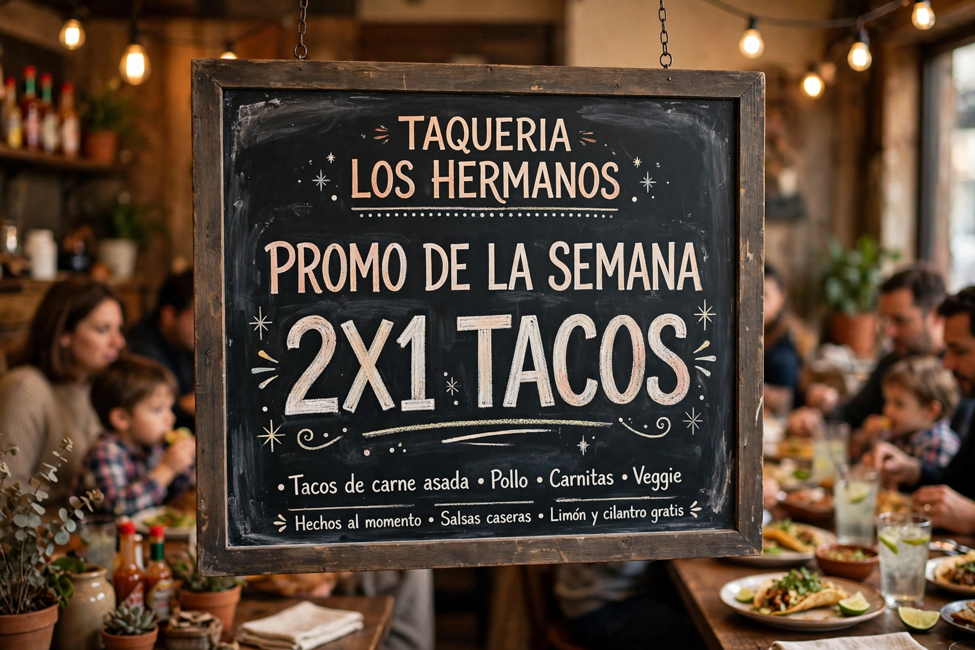 Pizarrón con promoción escrita a mano en una taquería