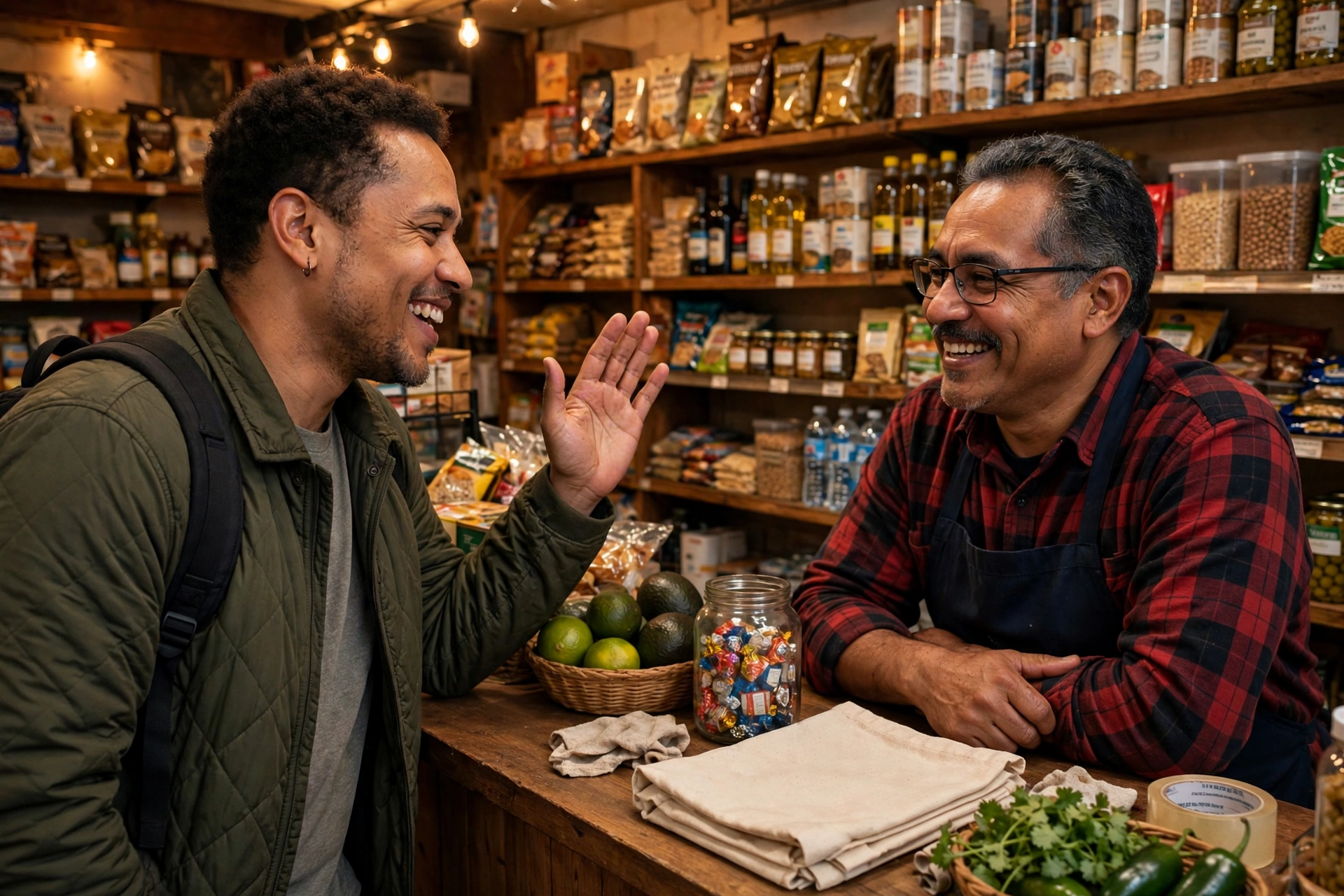 Cliente contento saludando al dueño en el mostrador de una tienda latina