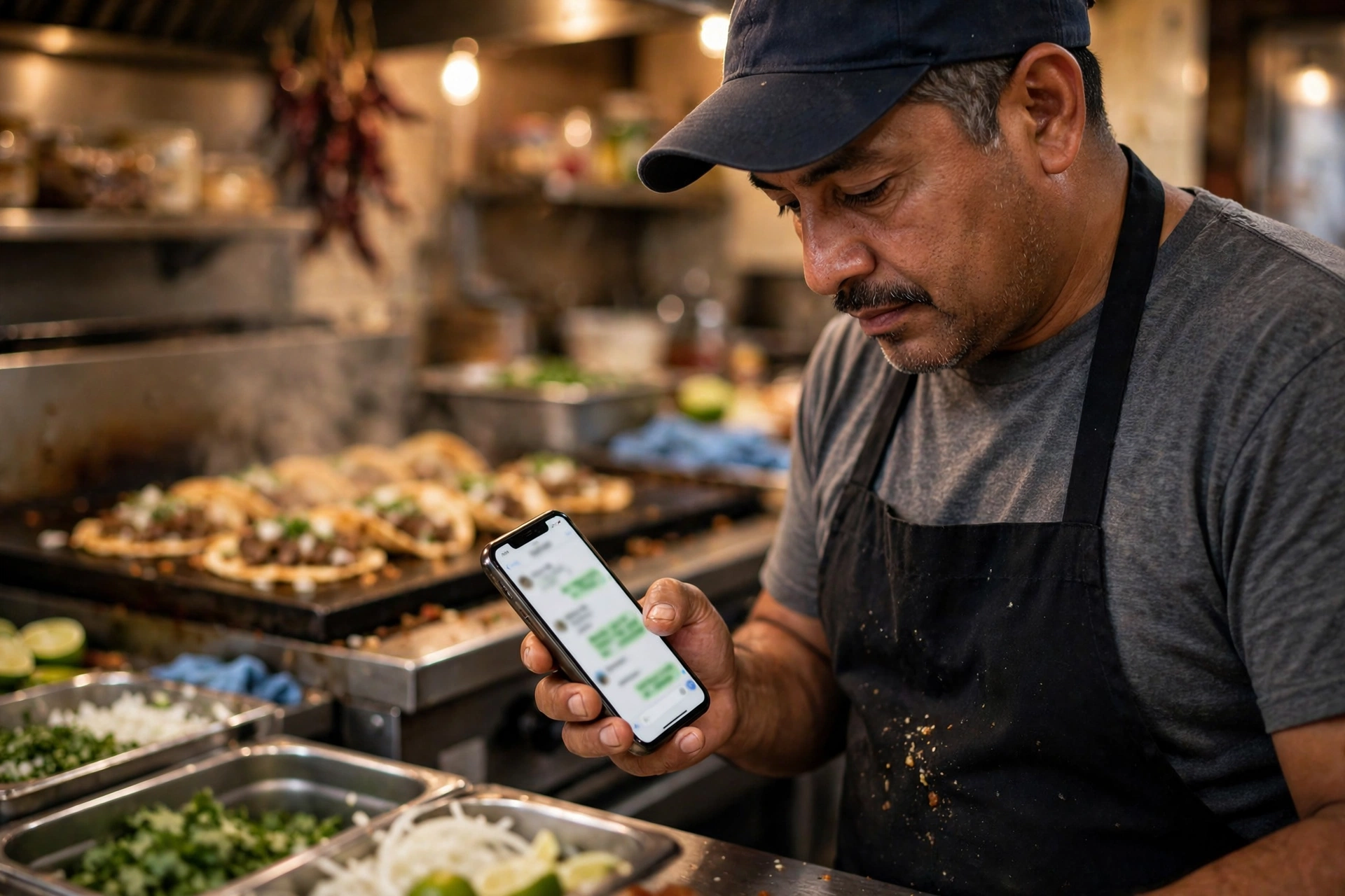 Dueño de taquería enviando un mensaje de WhatsApp desde su teléfono