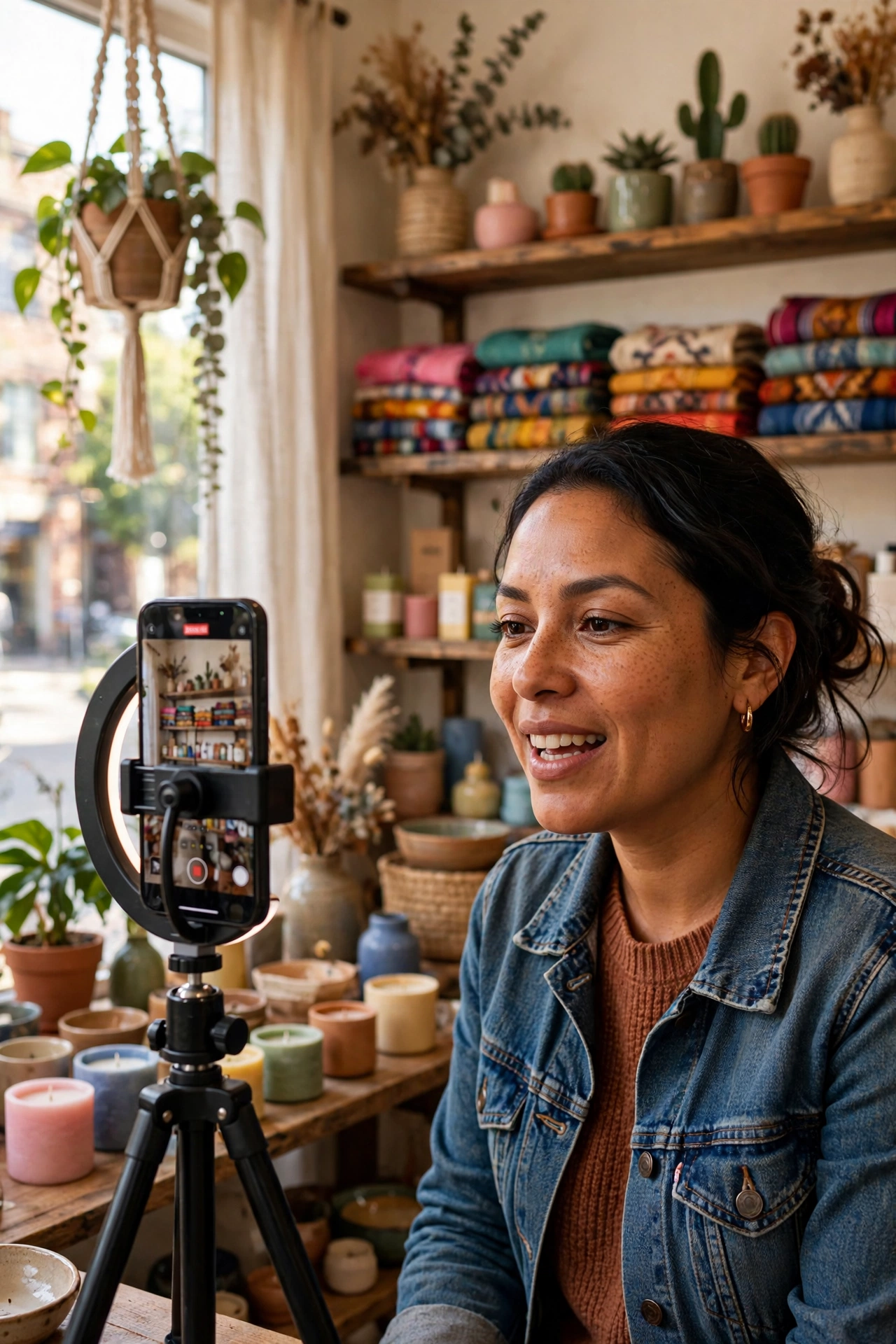 Dueña latina grabando un video de sus productos en su tienda