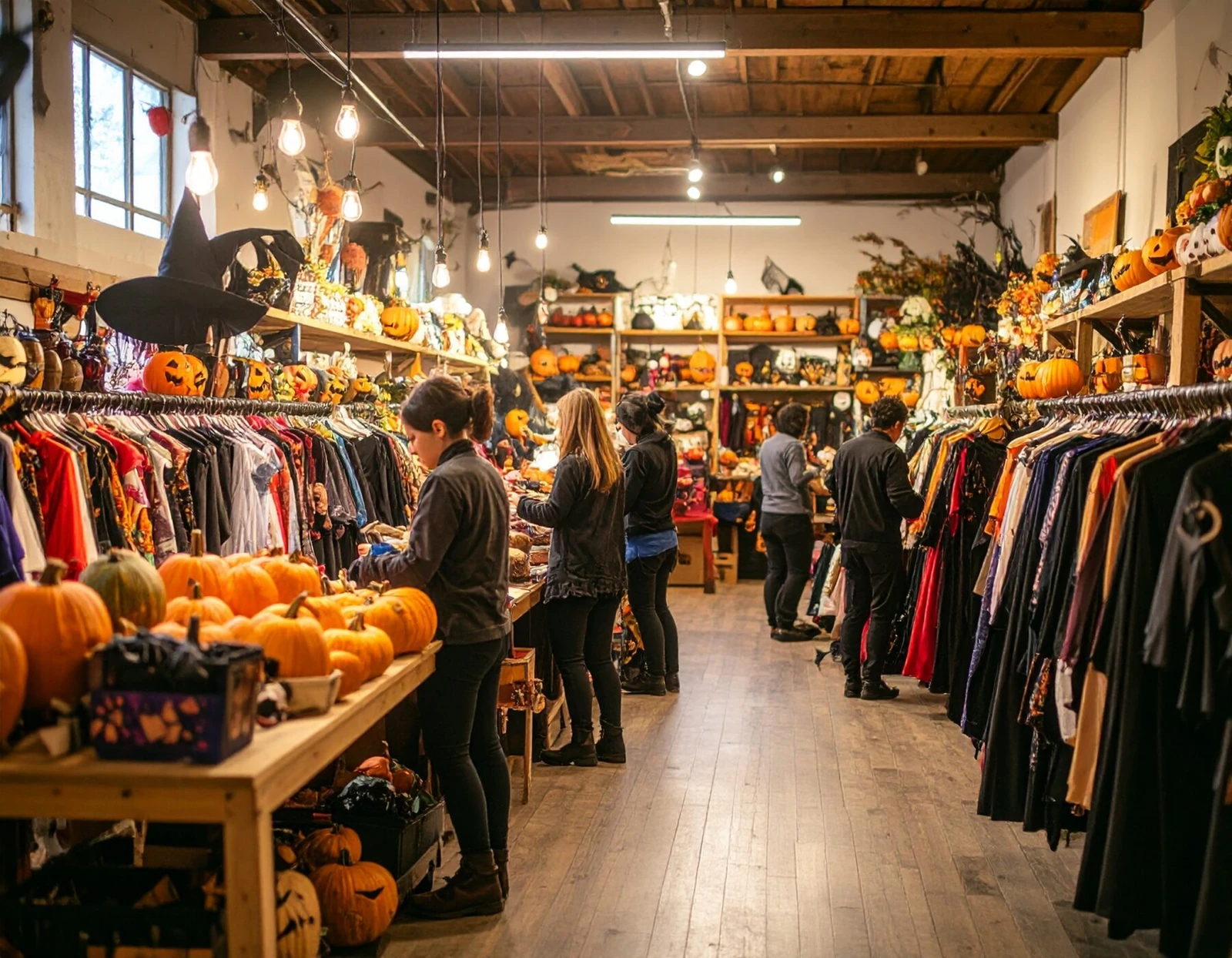 Interior de una tienda de disfraces de Halloween con clientes comprando