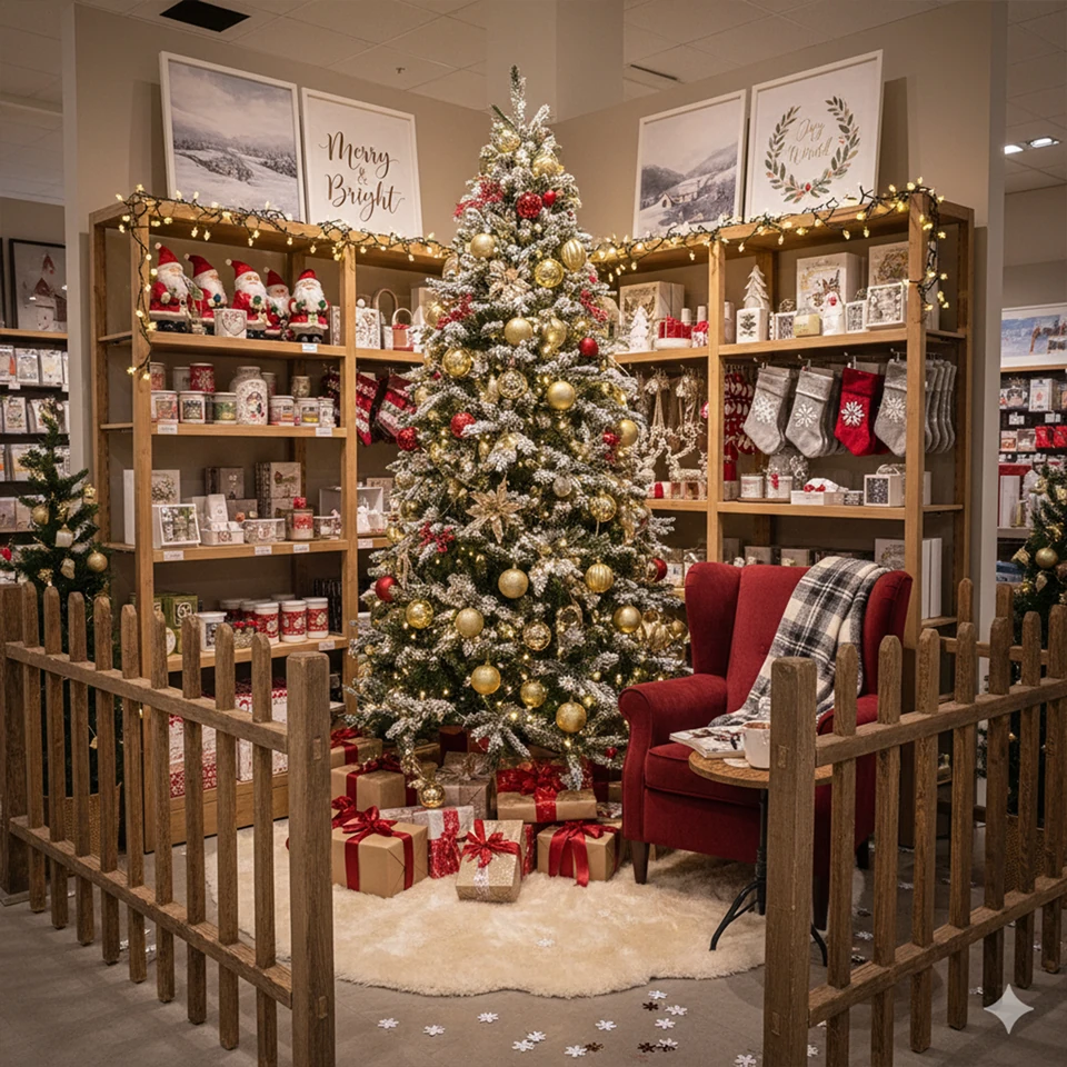 Tienda pequeña decorada para la temporada de fiestas con anaqueles llenos