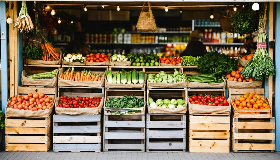 Puesto de mercado con frutas y verduras frescas en cajas de madera